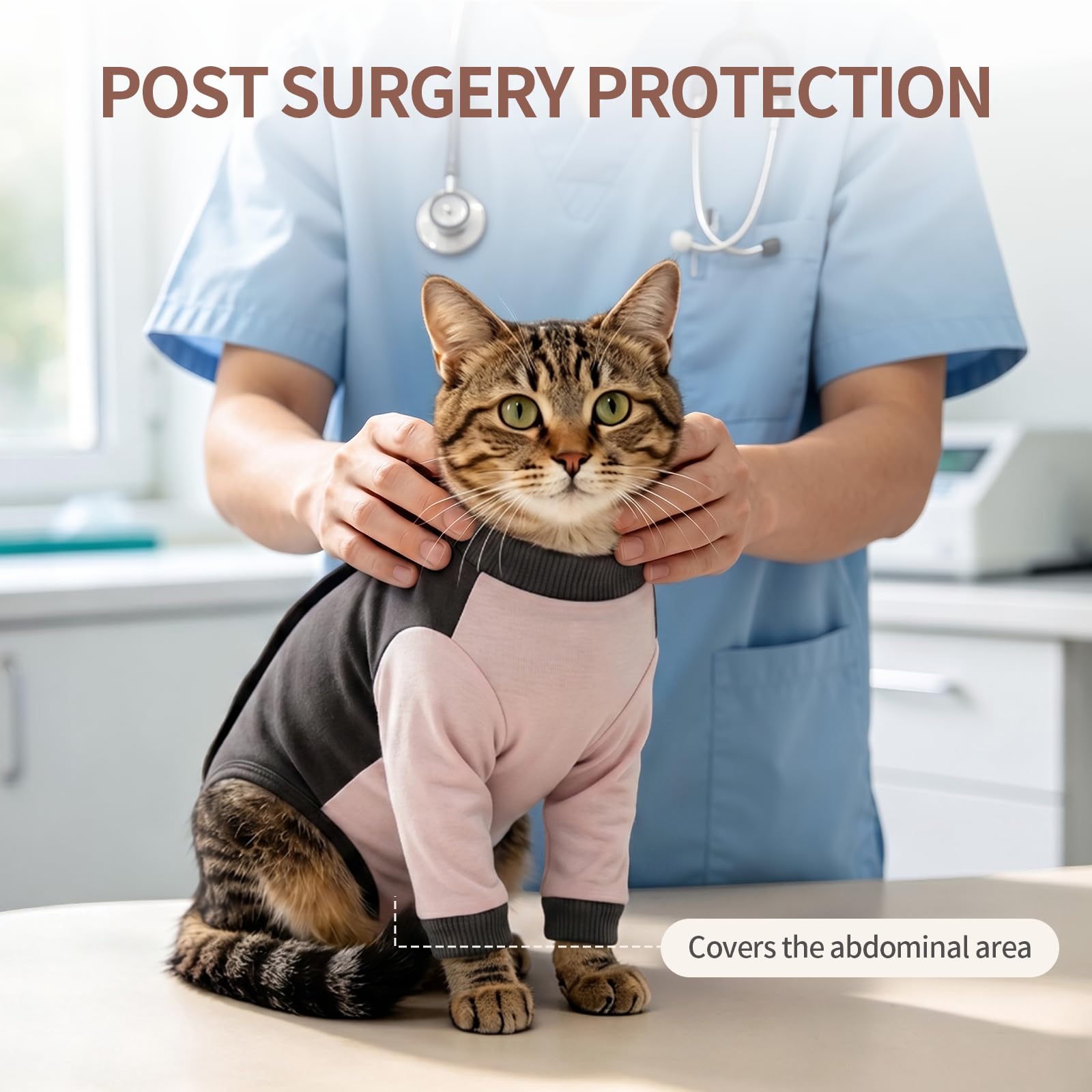 Combinaison Chat après Chirurgie Coton, Body Chat Anti Léchage Doux et Élastique, Vêtement de Protection Plaies Abdominales avec Manches Longues, Fermeture Scratch Facile à Enfiler, Rose poudré XL