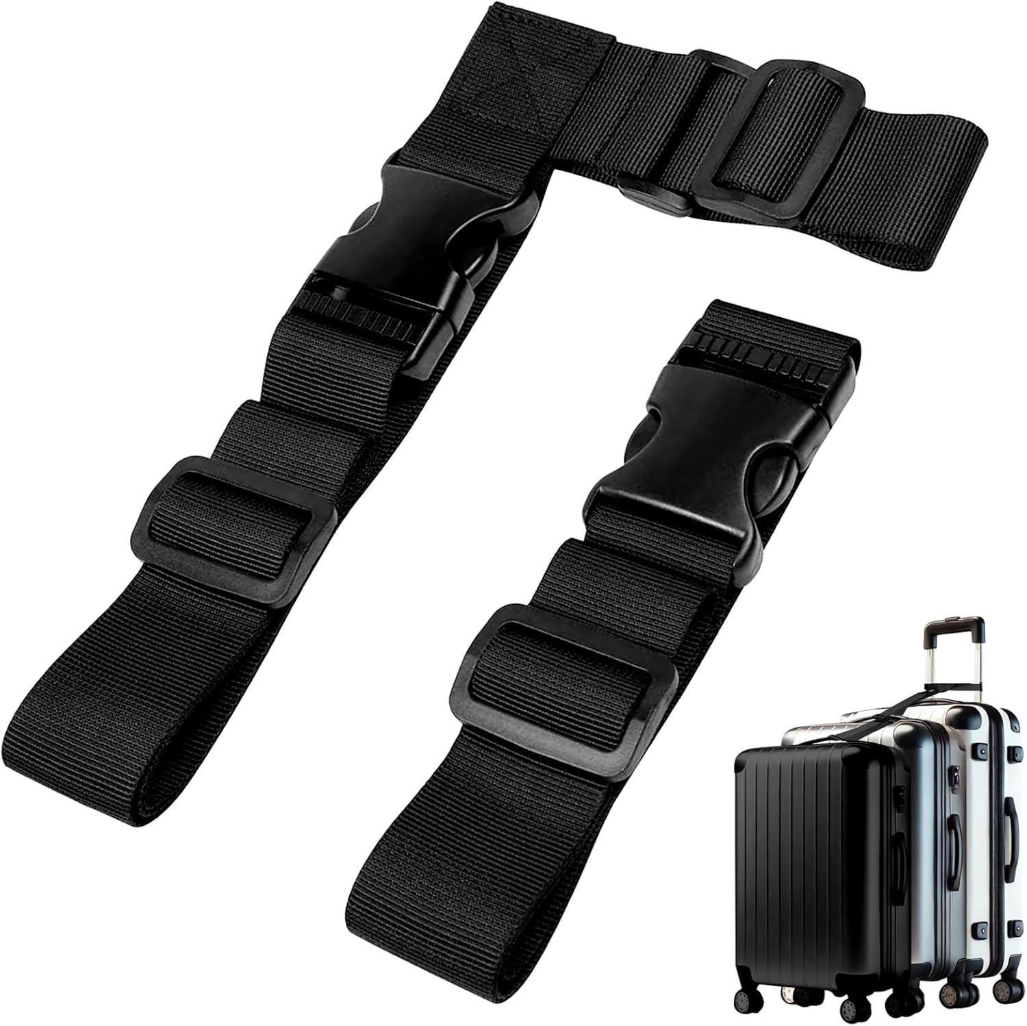 2-Pack Adjustable Luggage Connector Straps – Heavy Duty Add-A-Bag Attachment for Connecting 3 Suitcases, Black with Secure Buckles
