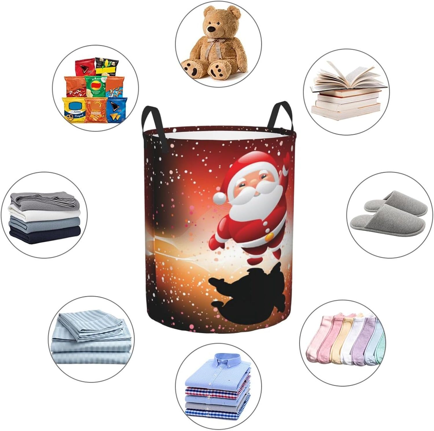 Cute Santa Claus Christmas Laundry Hamper with Durable Handle Waterproof Collapsible Laundry Basket Round Dirty Clothes Storage Basket for Bathroom Bedroom College Dorm
