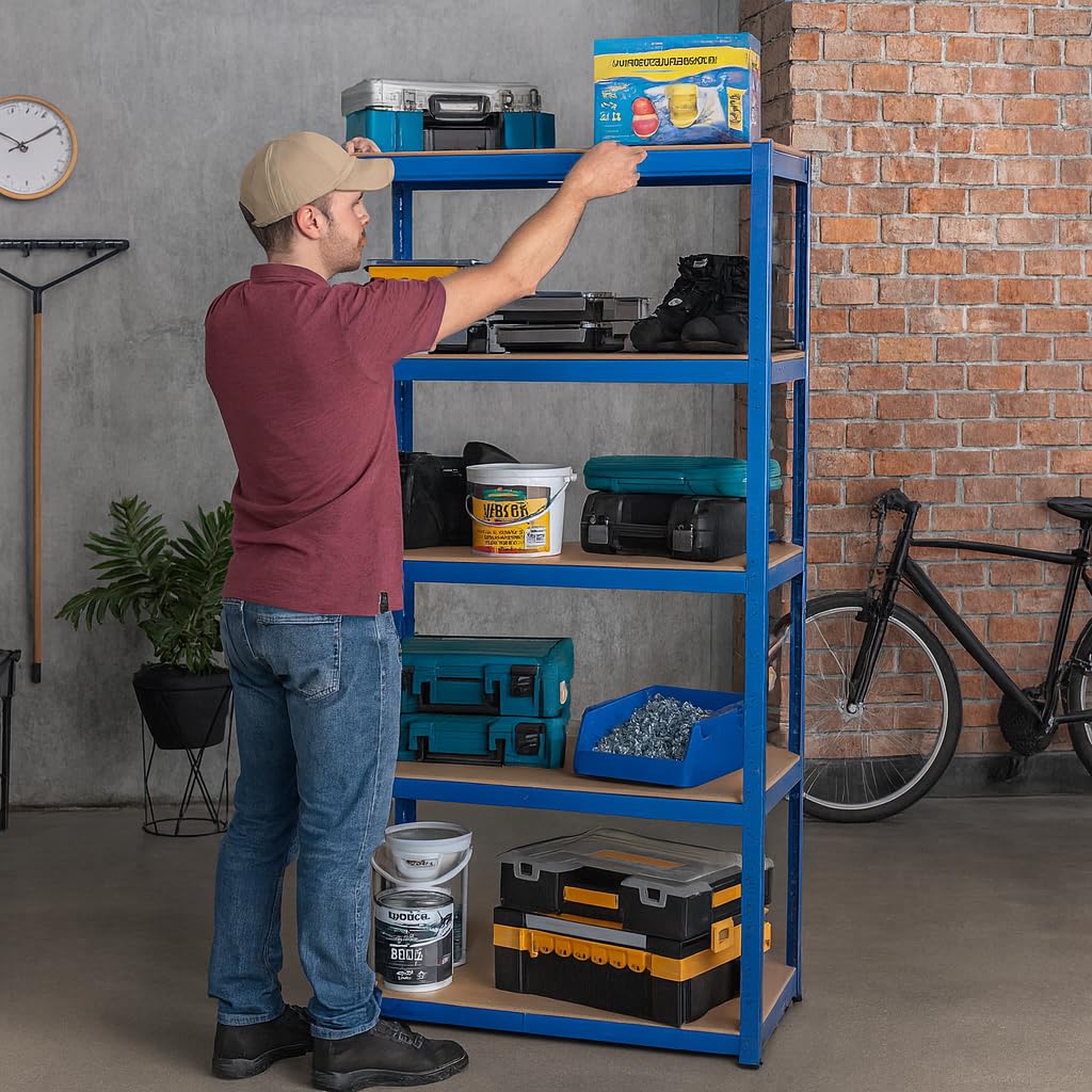 Scaffalatura in metallo resistente a 5 ripiani, scaffale in acciaio senza bulloni per garage, capannoni, magazzini, ufficio e casa, blu 150 cm x 70 cm x 30 cm, soluzione di archiviazione durevole e