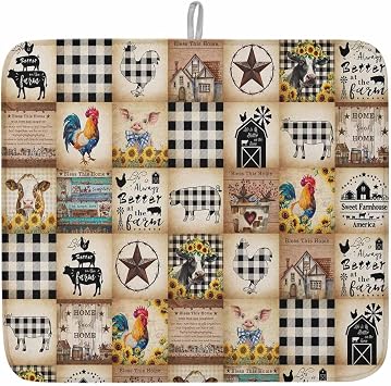 Vintage Farm Dish Drying Mat For Kitchen Counter 16"x18",Sunflower Cow Rooster Pig Plaid Truck Water Absorbent Dishes Drainer Rack Protector Countertop Pad Trivet Sink Coffee Pot Holder Maker Mat