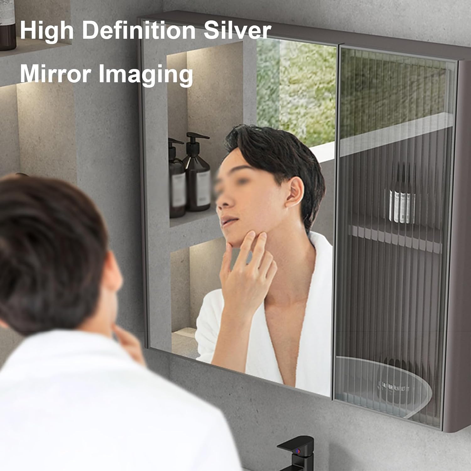 Stainless Steel Smart Mirror Cabinet Bathroom Mirror Cabinet Dual Touch Defogging Bathroom Mirror Cabinet Organizer Wall Mounted Mirror with Lighted Mirror Water proof Practical(Gray,75x65cm)