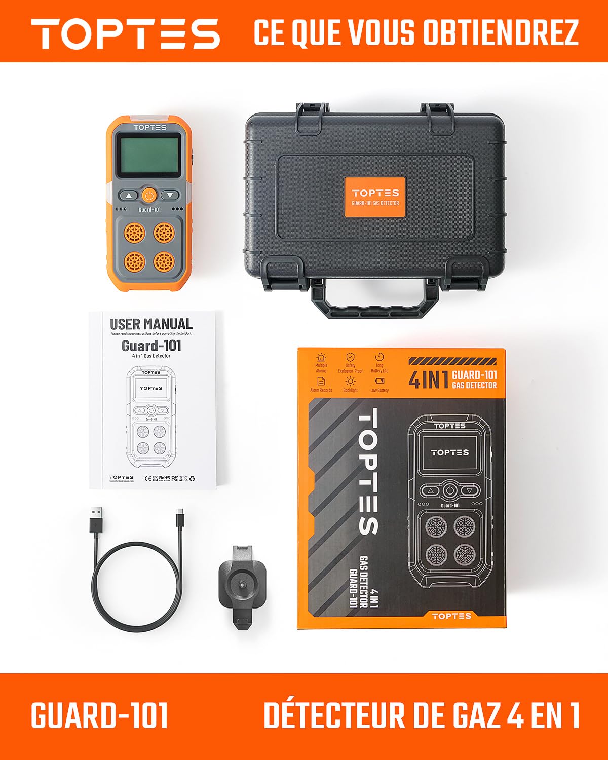 TopTes Guard-101 Détecteur De Gaz, Moniteur 4 Gaz pour H2S, CO, LEL Et O2, avec Alarme Vibrante, Visuelle Et Sonore, 14 Heures D'Autonomie, Antidéflagrant, pour Travail Et Maison - Orange