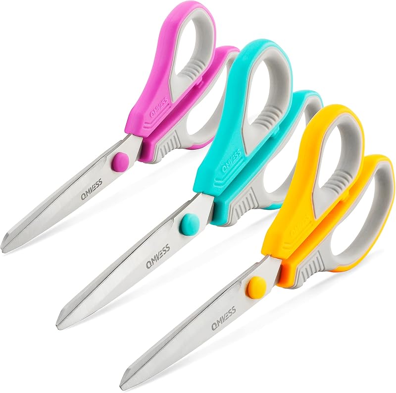 QMVESS 8.5" Scissors All Purpose 3 Pack Heavy Duty for Office School Fabric | Ultra Sharp 2.5mm Thick Stainless Blade, Ergonomic Comfort Grip, Left & Right Handed Classroom Must-Have Cutting General Use