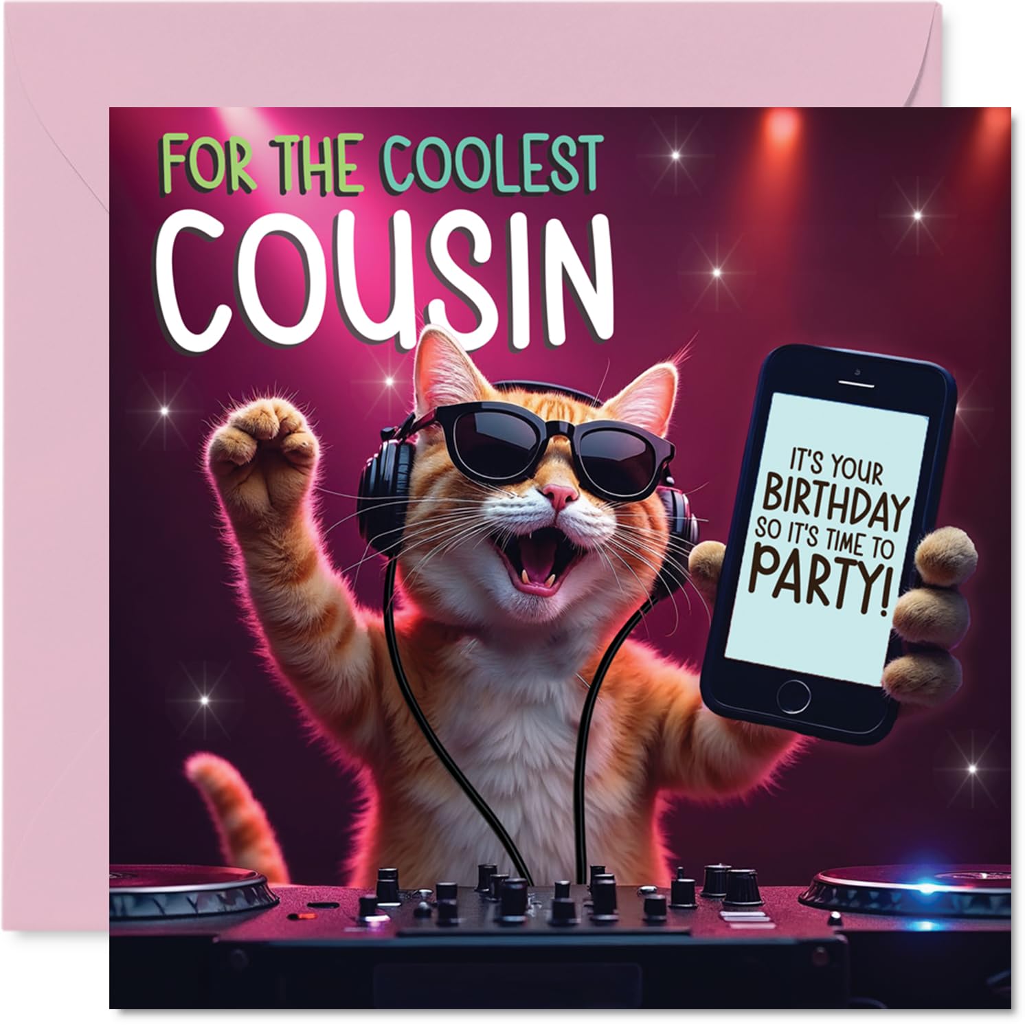 Cousin Birthday Card - Party DJ Cat - Happy Birthday Card for Cousin from Family Relative, 145mm deejay cat Bday Greeting Cards