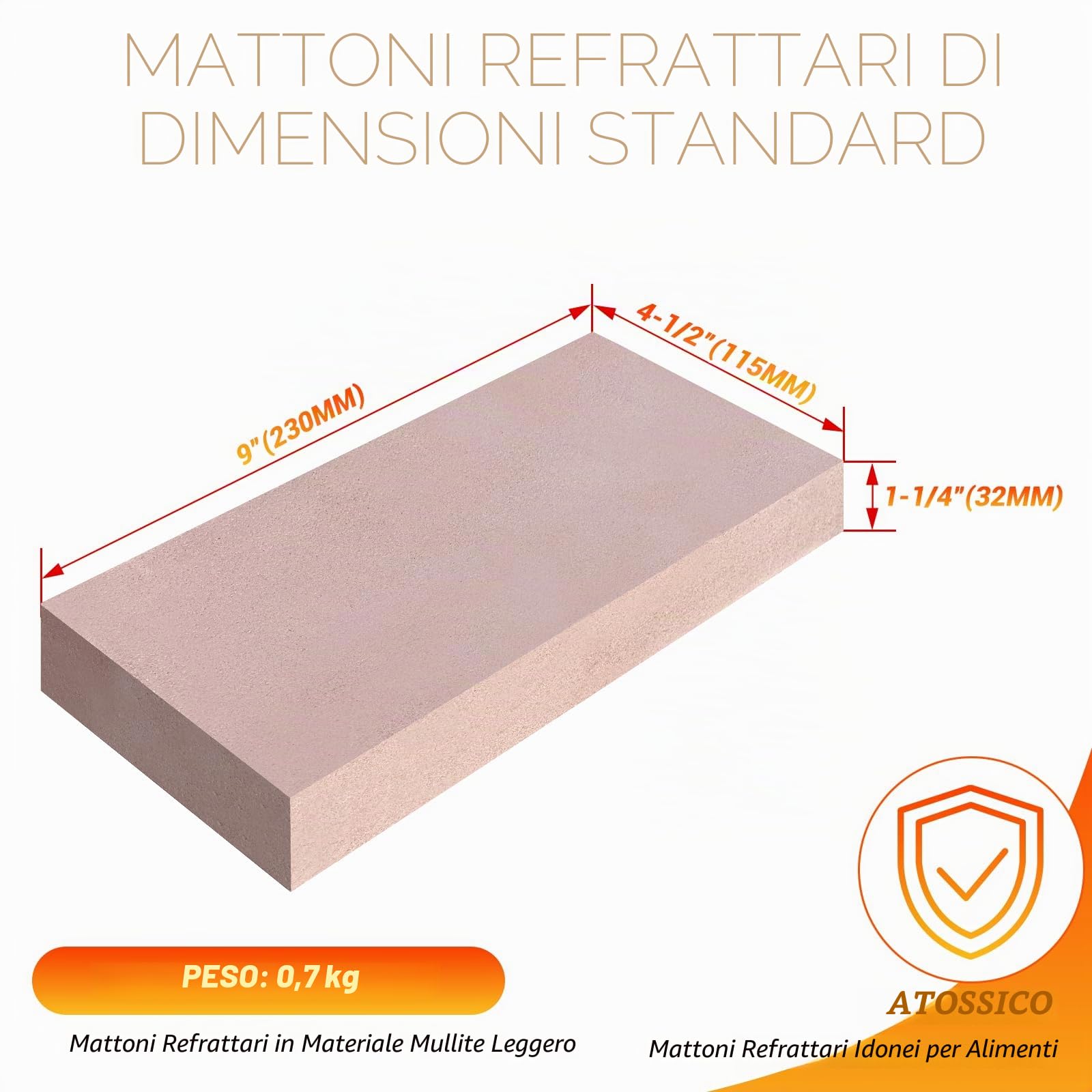 Mattoni refrattari, mattoni refrattari in argilla resistente alle alte temperature, per stufe a legna, camini, forni per pizza e affumicatori per barbecue, dimensioni 22,9 x 11,4 x 3,8 cm, confezione