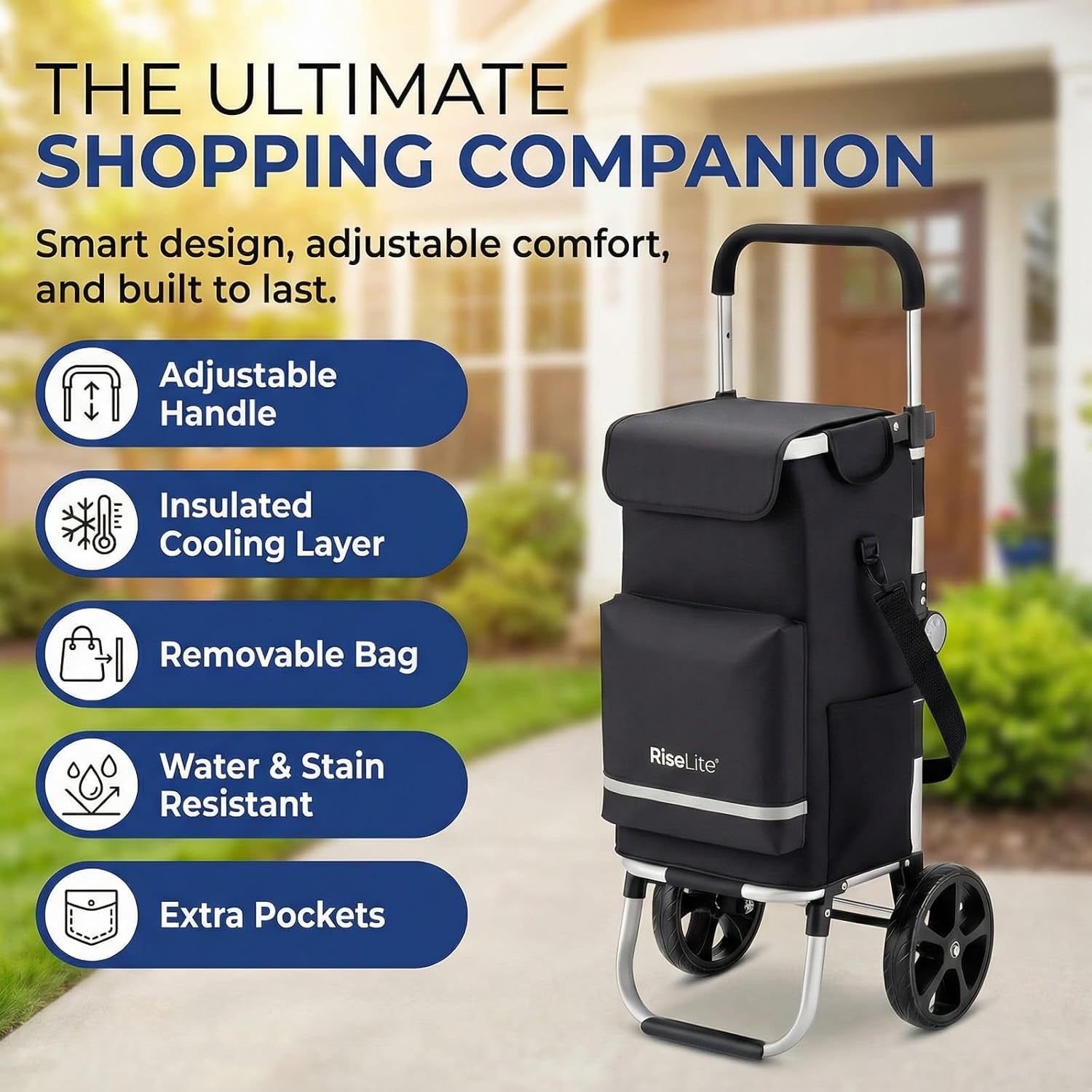 Lightweight Shopping Cart with Wheels, Foldable Grocery Trolley for Supermarket & Teachers, Rolling Utility Crate with Insulated Cooler, Adjustable Handle, 110 lbs