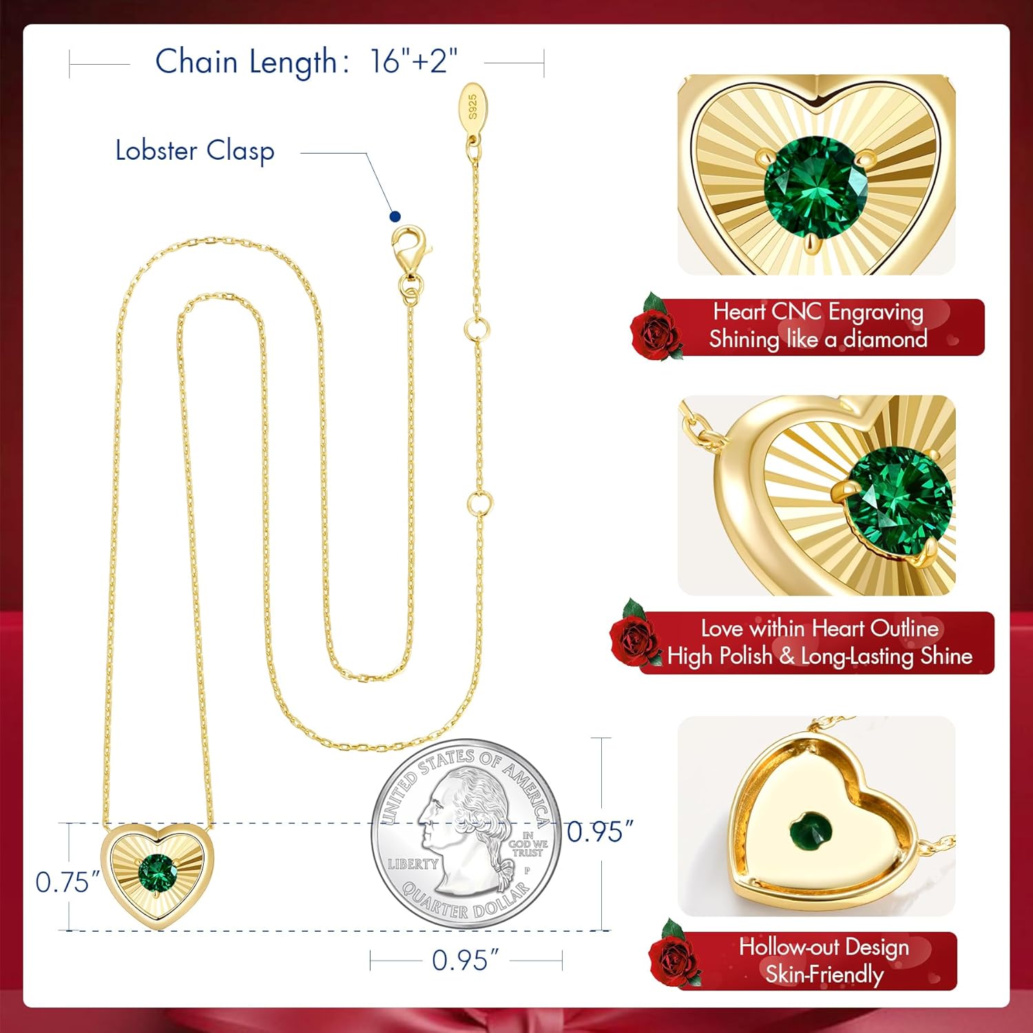 Kstyle 14K Gold Heart Pendant Necklace for Women - Birthstone for Birthday/Valentine's Day Gift, Non Tarnish Statement Jewelry for Wife/Girlfriend/Mom/Daughter (925 Sterling Silver Base) - Image 5