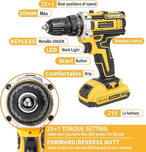 Miniatura 3 de YOSOFT Juego de taladro inalámbrico de 21 V, 119 piezas de herramientas eléctricas, ajuste de 25+1 par con batería de 2 x 2.0 Ah para mantenimiento