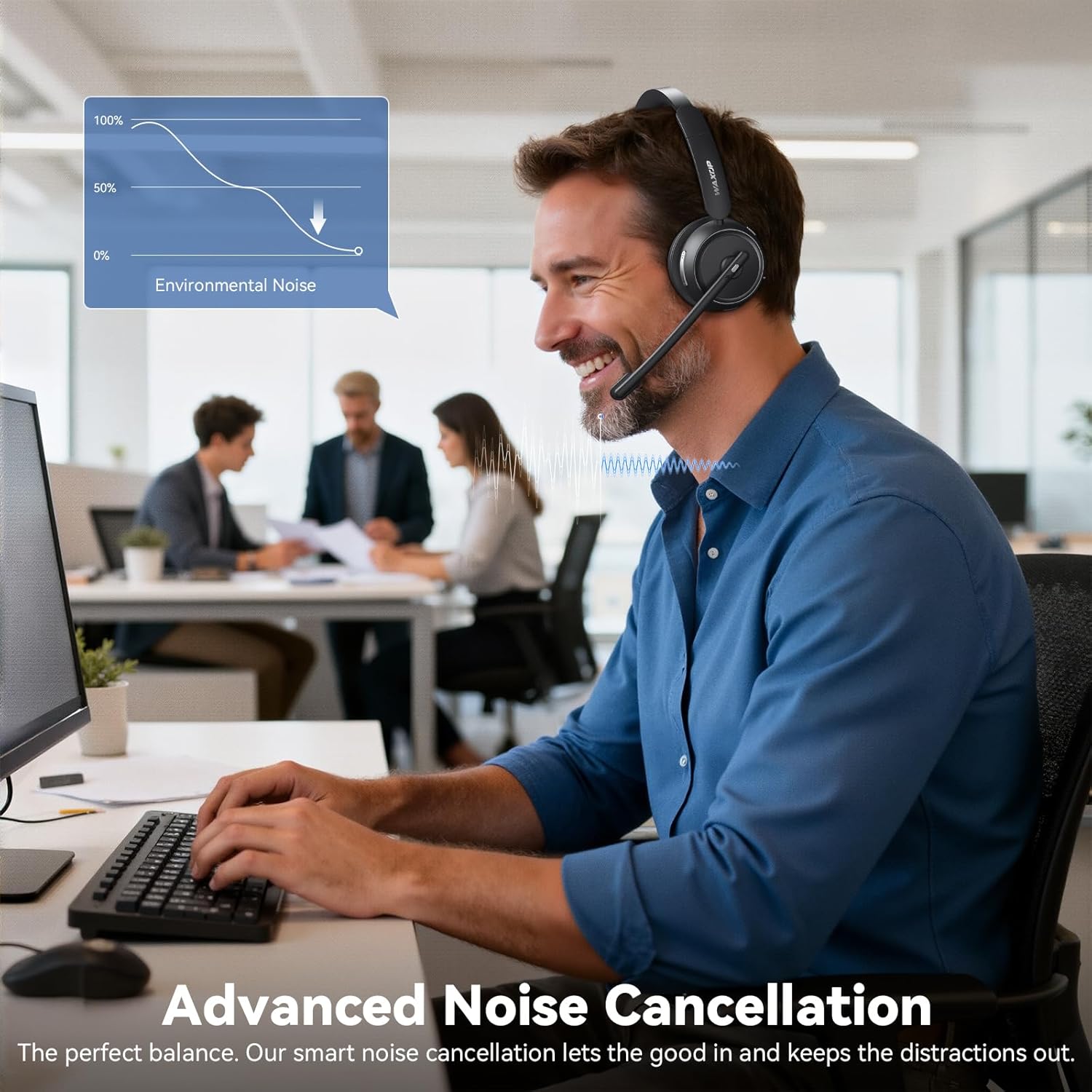 Wireless Headset with Mic for Work, Bluetooth Headset with Noise Cancelling Mic & Mute Button, Wireless Headsets with Mic for Remote Workers/Office Professionals/Call Center/PC/Laptop