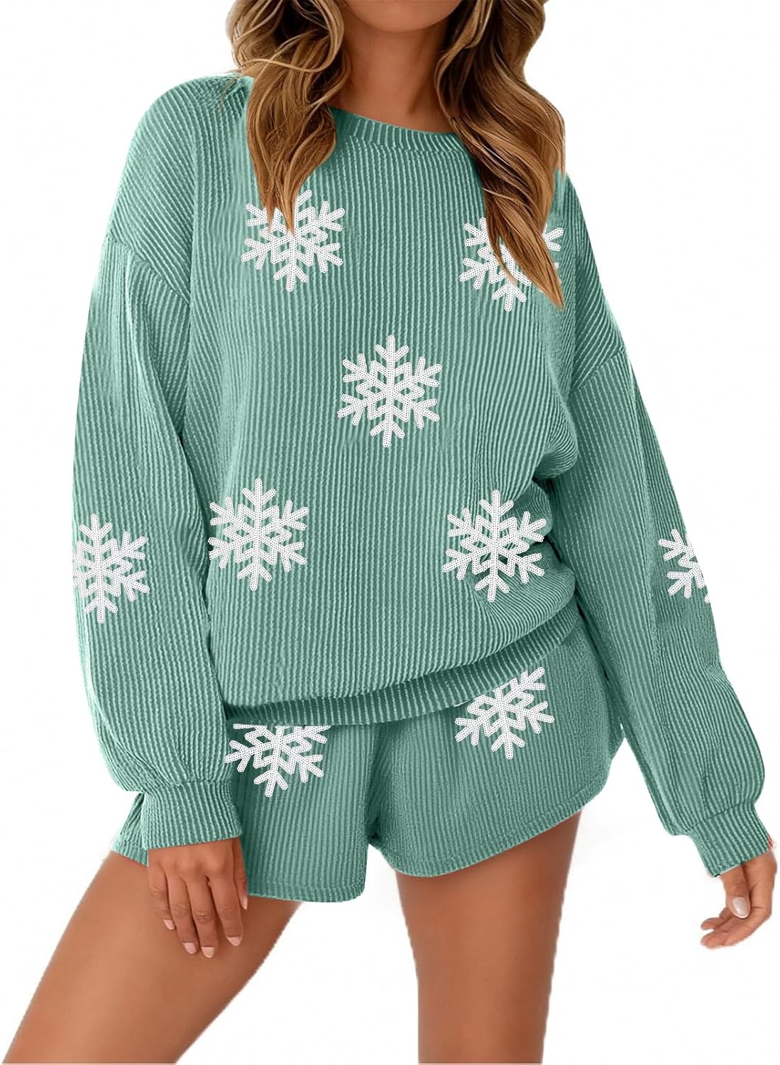ASTANFY Christmas Sweaters Women 2 Piece Sets Matching Christmas Pajamas Long Sleeve Top and Shorts Lounge Set with Pockets
