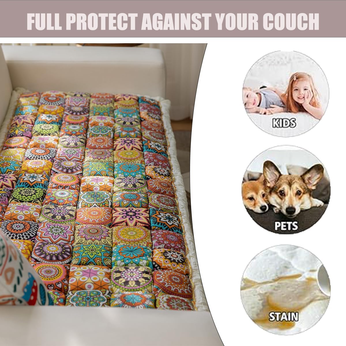 Yoovat Funny Pet Couch Covers for Sofa Plush Checker Plaid Sofa Covers for Pets Washable 3 Cushion Couch Sofa Mat Friendly (Bohemia Orange, 70x210 cm/27.6x82.7 in)