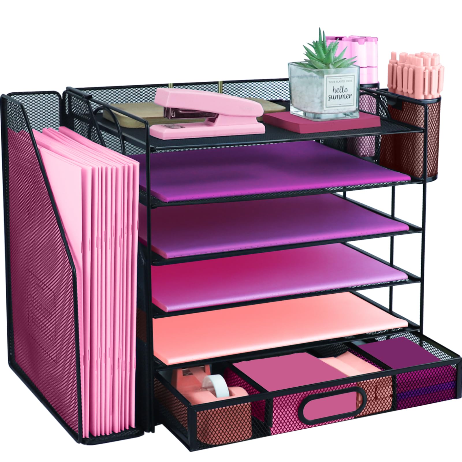 ideallife Desk Organizers and Accessories with File Holder, 6-Tier Paper Letter Tray Organiser with Drawer and 2 Pen Holder, Mesh Desktop Document Organizer for Office Supplies, Workspace - Black