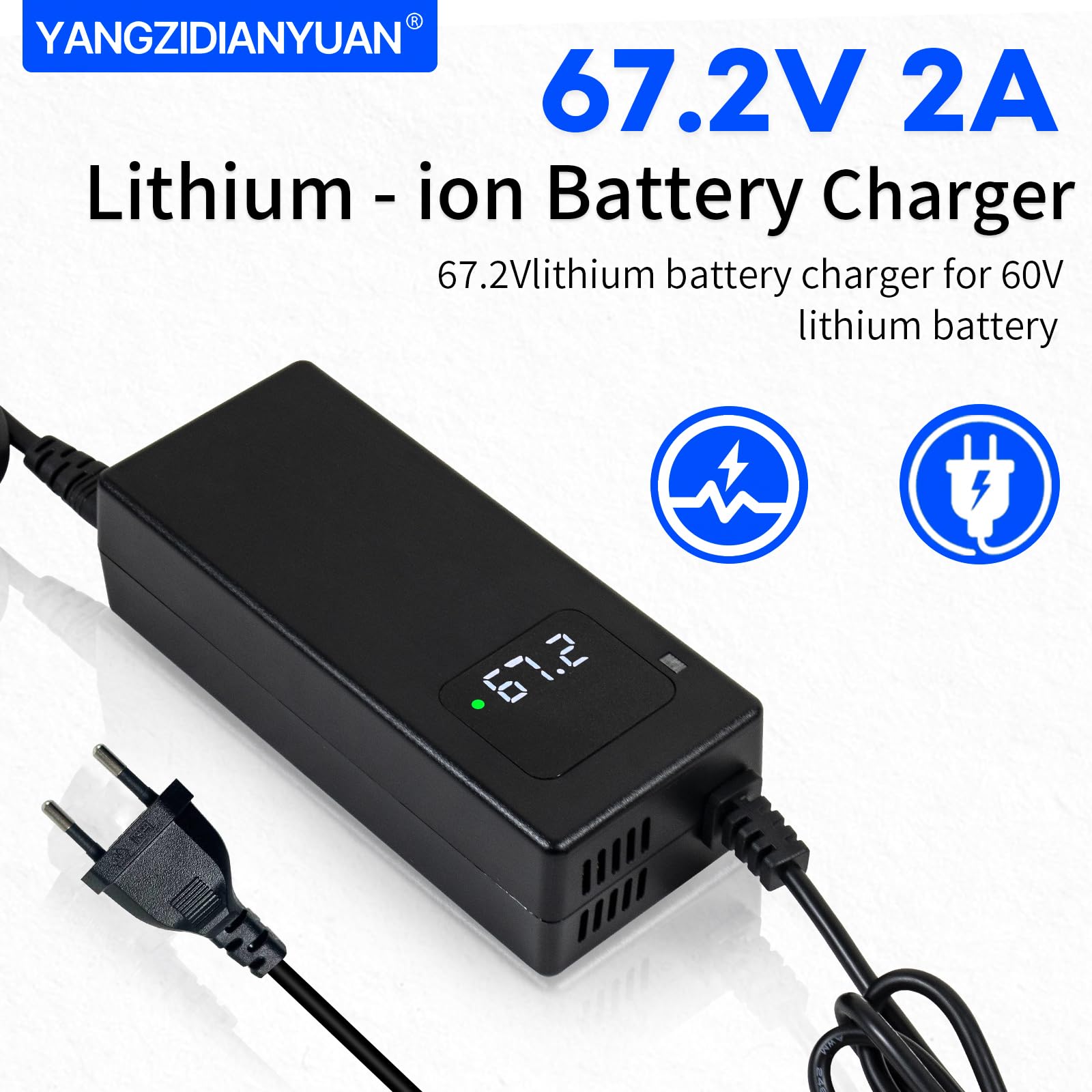 Chargeur 67,2V 2A GX16-3 Femelle pour Batterie Lithium-ION 60V – Vélo Électrique avec Écran LED