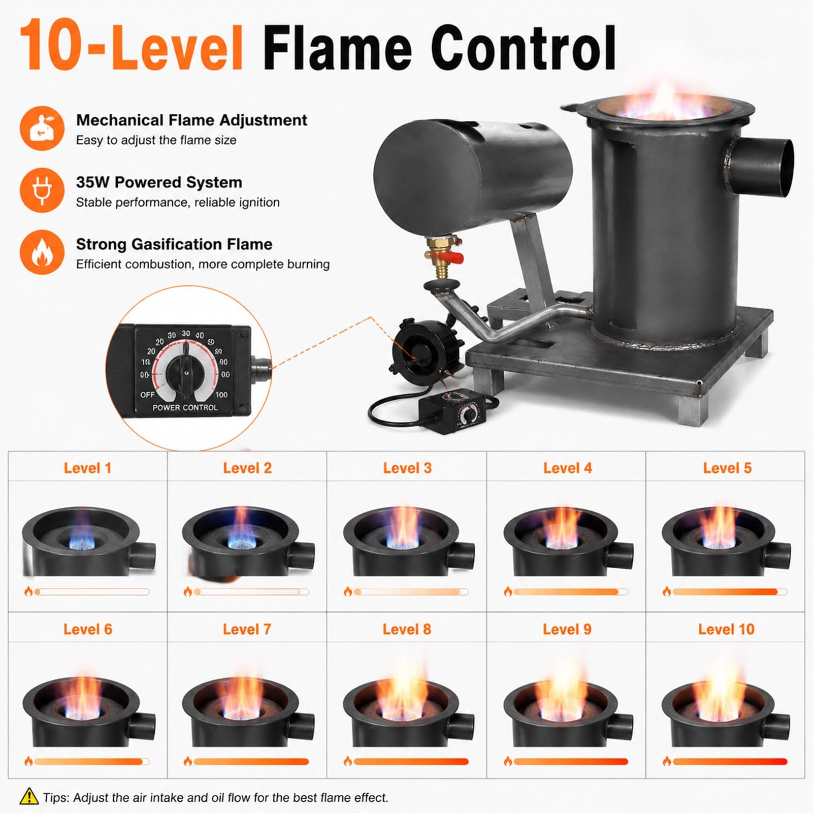 Altöl-Heizofen 35 W mit 10-stufiger Flammenregelung, 55 cm