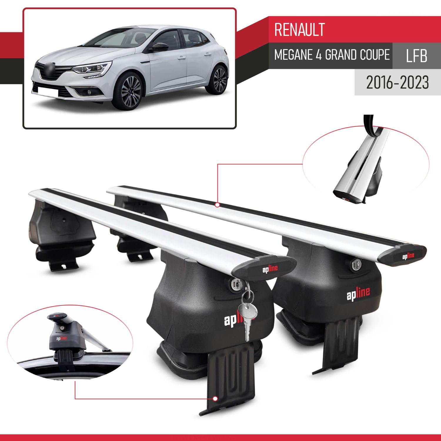 Bagażnik dachowy kompatybilny z Renault Megane 4 (BFB) Grand Coupé 2016-2023 ACE-4, bagażnik dachowy, szary, aluminium, 2 drążki
