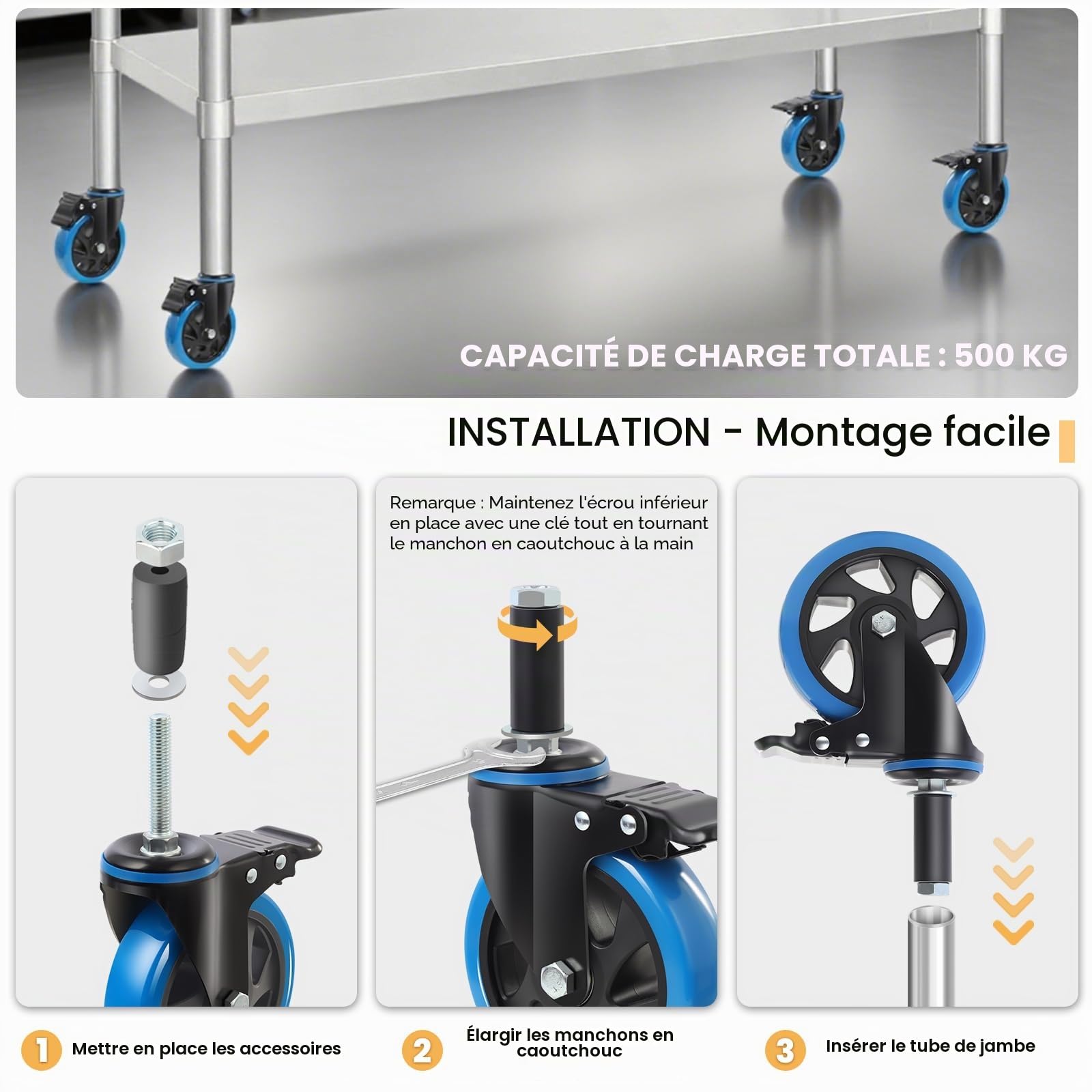 Roulettes pour meubles 100mm à tige extensible avec frein,adaptées aux tubes Ø23/28/34/40mm, capacité 500 kg pour chariot et tables inox pivotantes, bleues, lot de 4