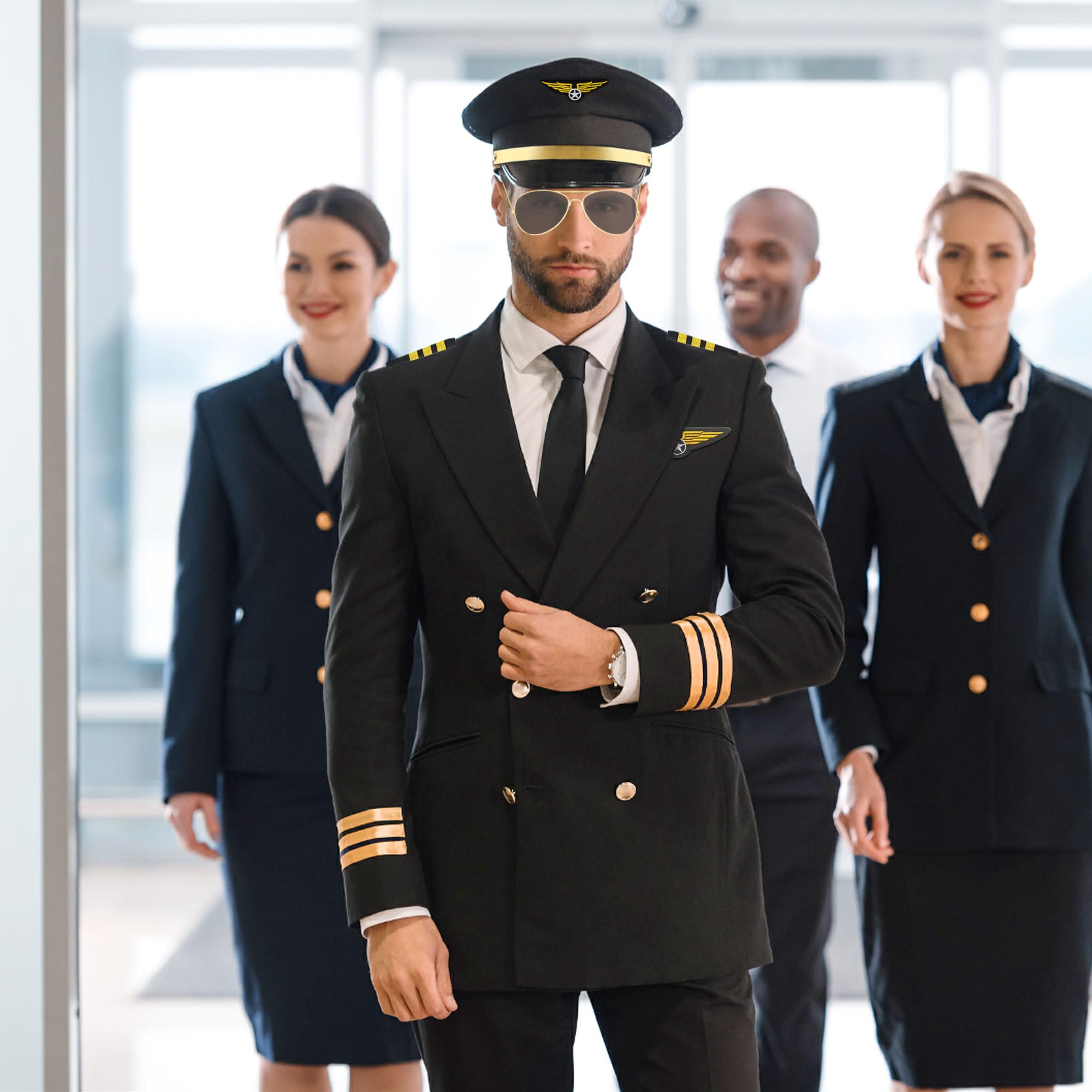 LaVenty Black Airplane Captain Costume Airline Pilot Hat Accessories for Adults Teens Captain Party Cosplay Supplies Sunglasses - Image 2