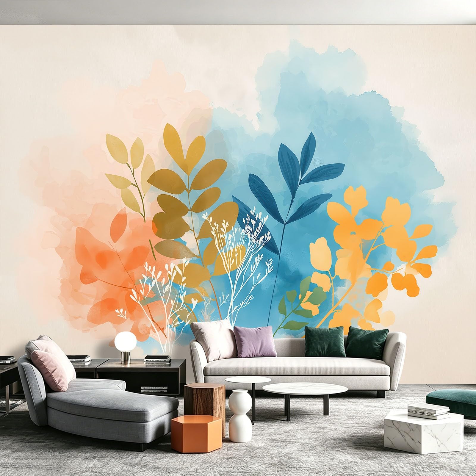 Carta da parati con foglie vegetazione, decorazione murale da parete, poster moderno, astratto, arte botanica, design fotografico per soggiorno e camera da letto, 400 x 280 cm (larghezza x altezza)