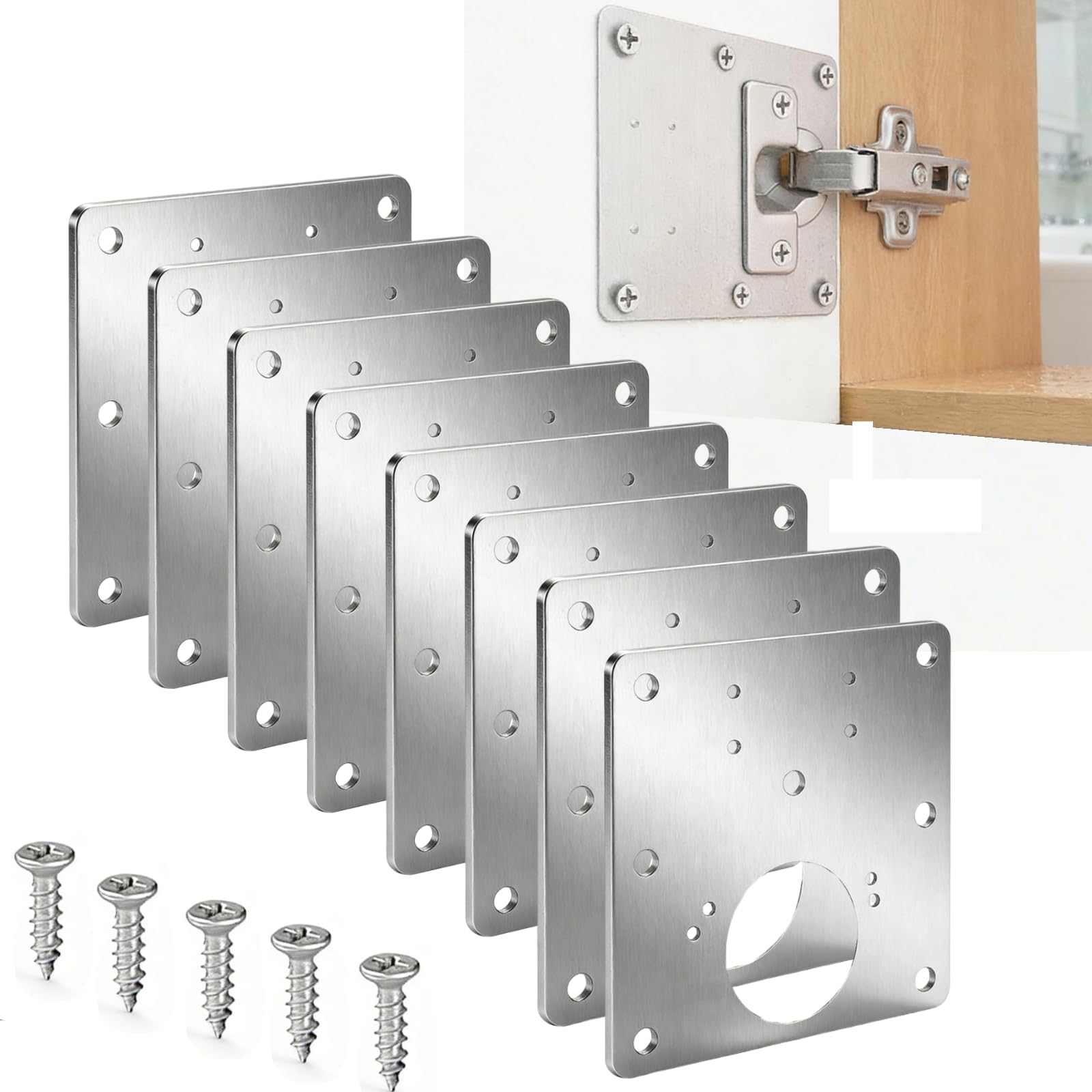 8pcs Cabinet Hinge Repair Kit,Stainless Steel Alignment Brackets & Anti-Loose Screws Repair Replacement Kit,Inset Cabinet Hinge Shims for Alignment