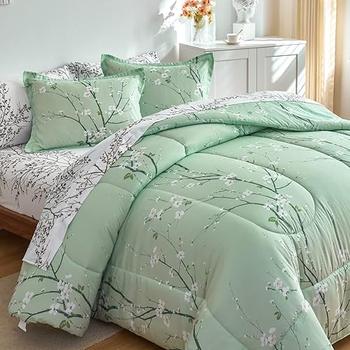 Miniatura 4 de Juego de sábanas de edredón color verde, 7 piezas de tamaño Queen, diseño de ramas de árbol y flores, juego de ropa de cama reversible de microfibra