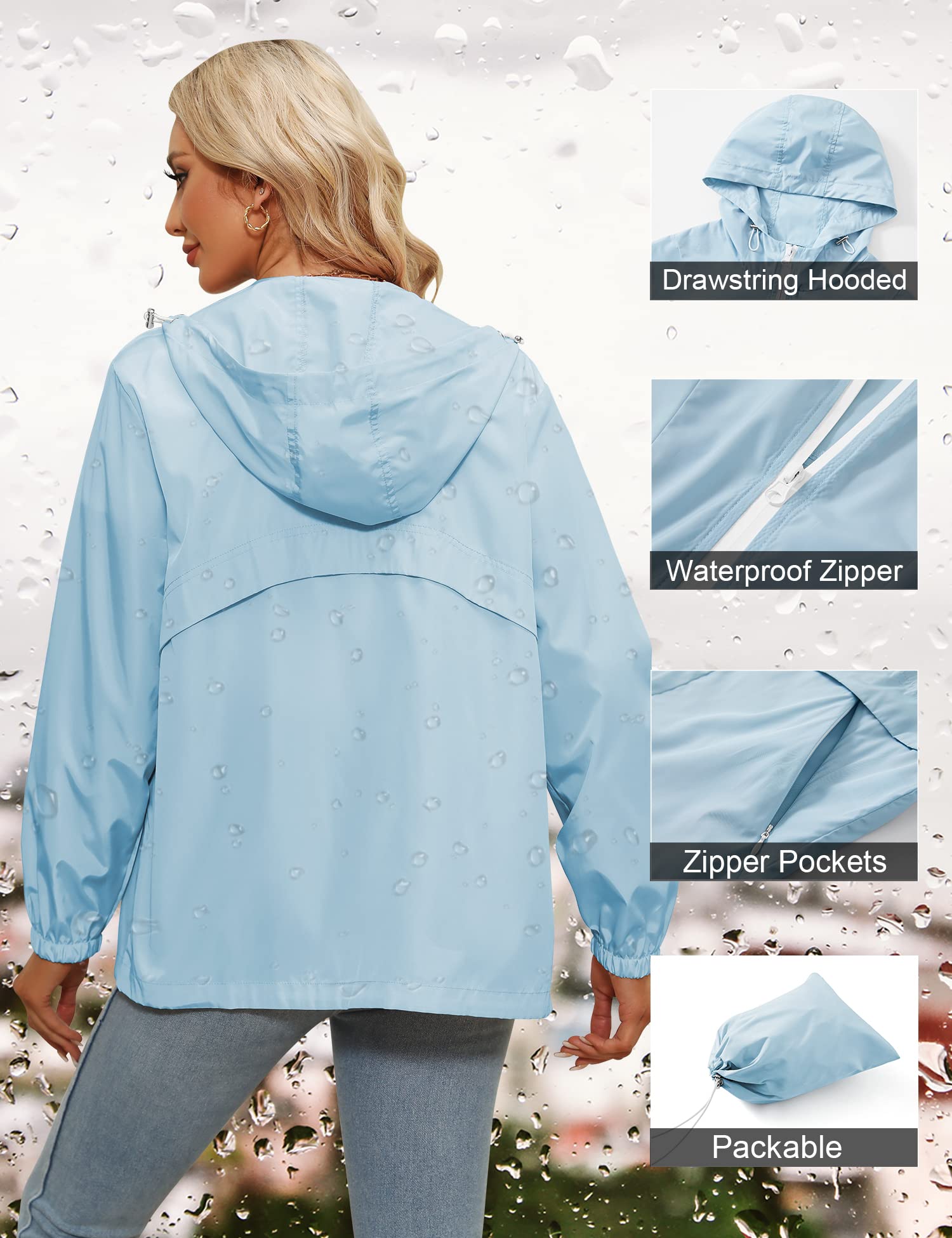 Tisfeer - Impermeabile da donna con cappuccio, leggero, antivento, ripiegabile, giacca a vento con cappuccio