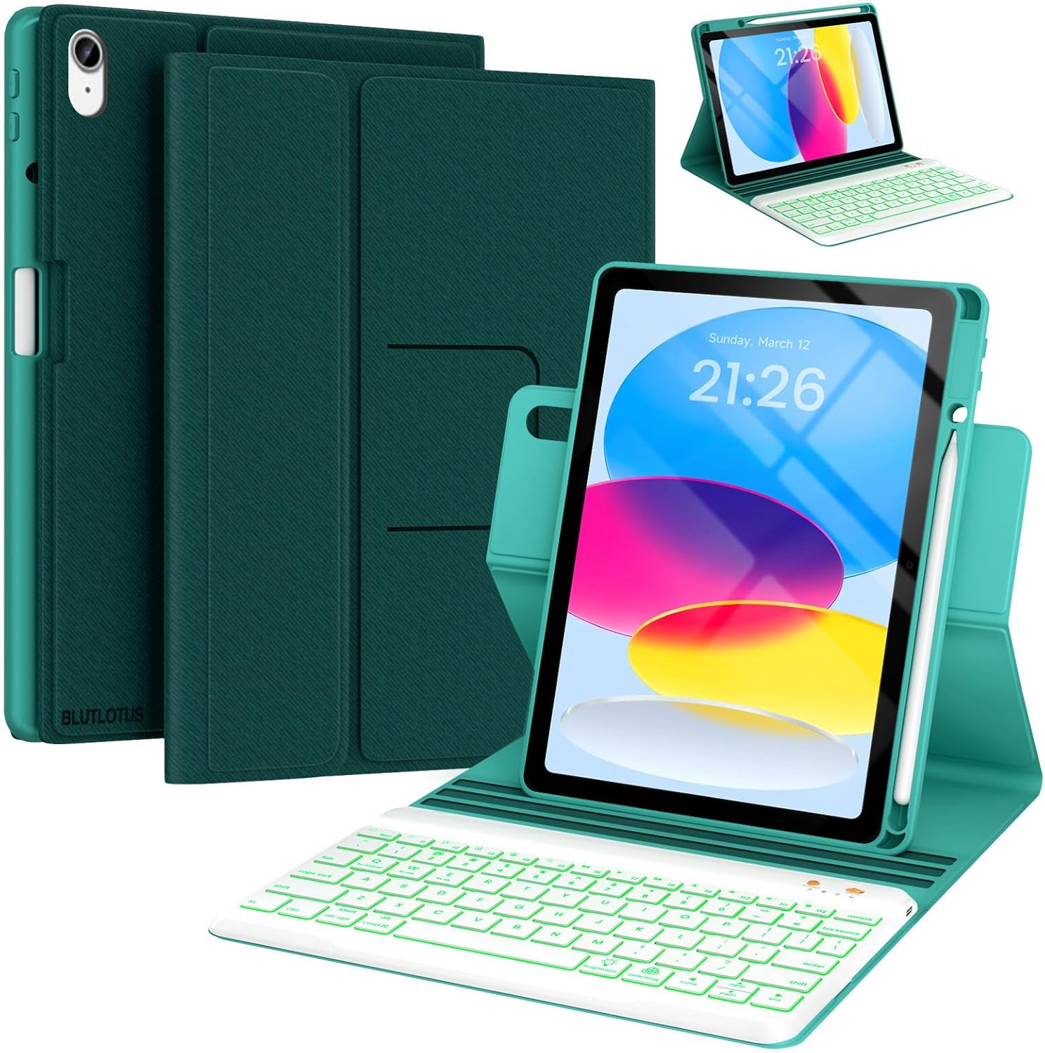 BLUTLOTUS Keyboard Case for iPad 11th a16 10th Generation, 360° Rotatable Cover with Pencil Holder, 7 Color Backlit Detachable Bluetooth Keyboard for 2022 10.9 inch & 2025 11''(Teal)