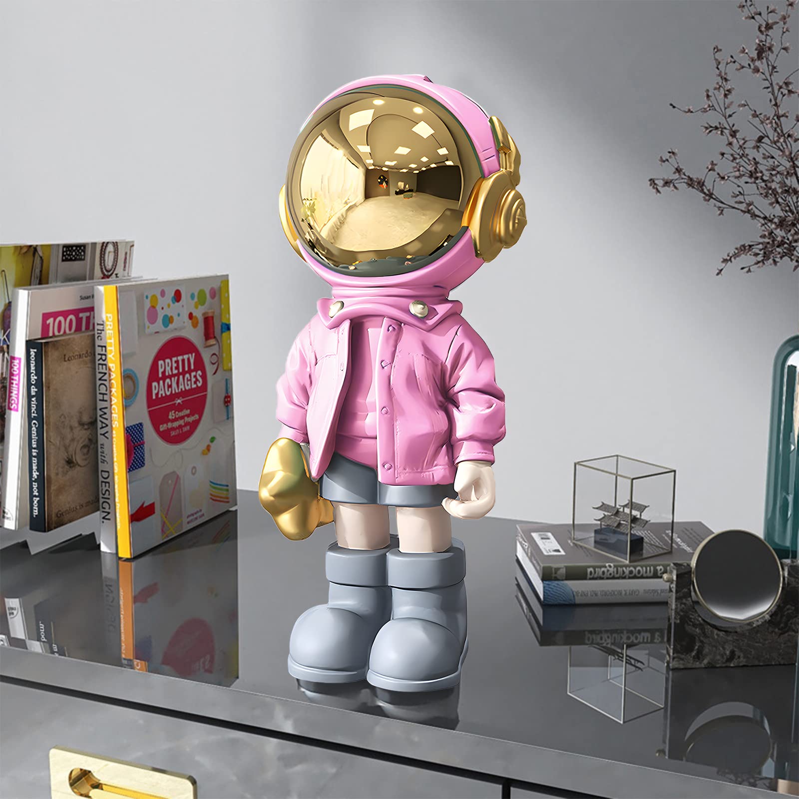 Estatua de estatua de astronauta, decoración de astronauta, escultura para decoración del hogar, decoración de estantes dorados y negros, decoración de mesa con máscara de metal, adorno de figura de a