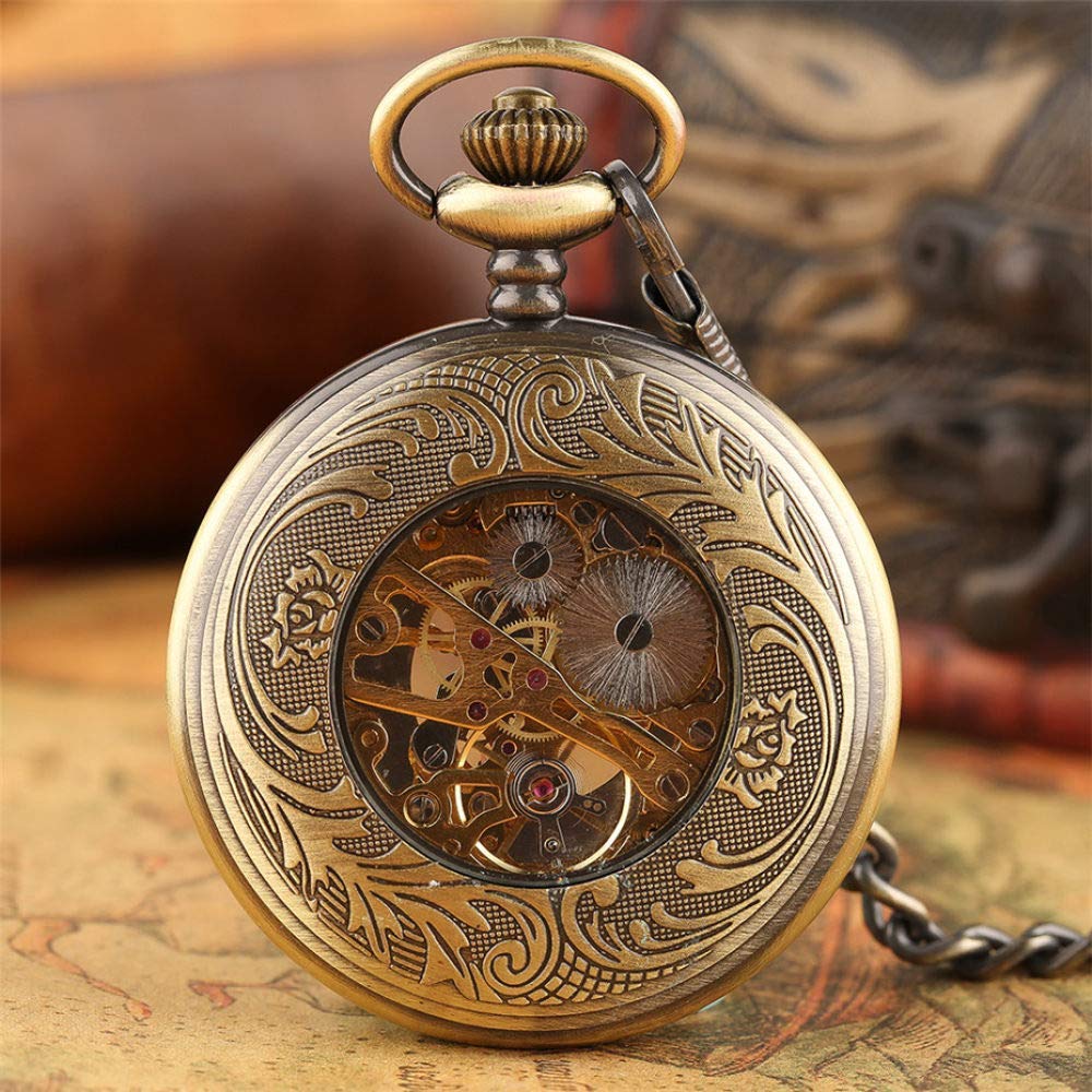 Zegarek kieszonkowy Vintage brązowy przezroczysty wyświetlacz z cyframi rzymskimi mechaniczny zegarek kieszonkowy ręcznie nakręcany zegar retro