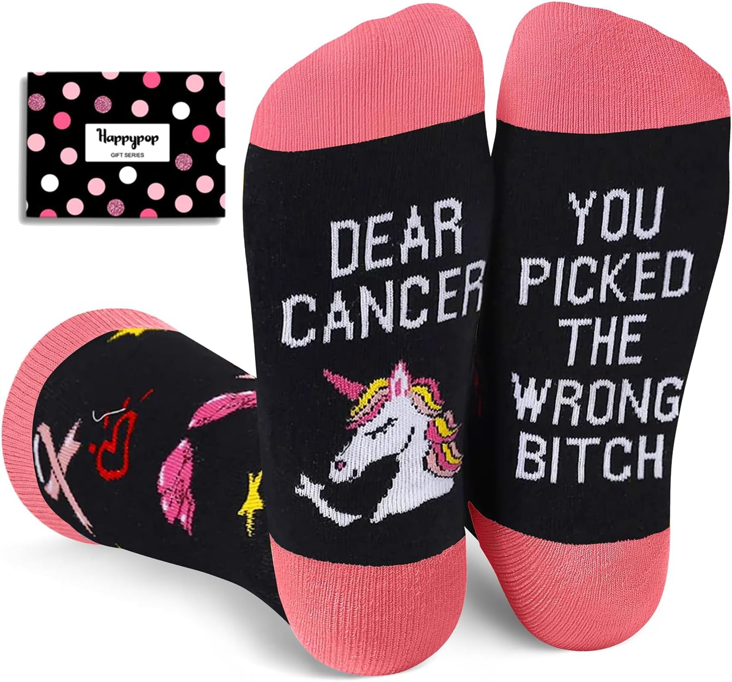 HAPPYPOP Cancer Awarenesss Gifts - Women Men Socks for Breast Cancer Survivor Chemo Patient