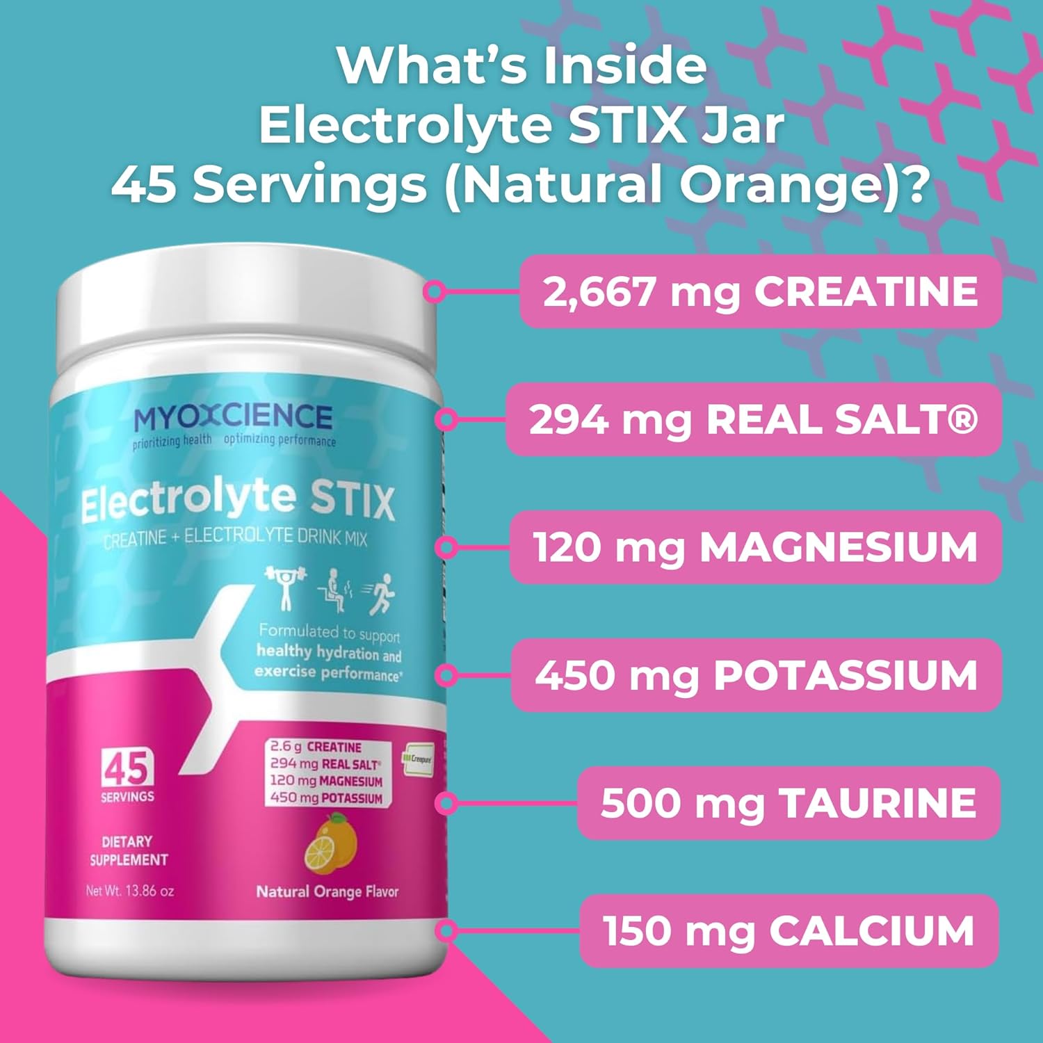 MYOXCIENCE Electrolyte STIX | Creatine Electrolyte Powder | Recovery from Exercise & Muscle Development w/Real Salt (Natural Orange Flavor) (Jar 45 ct)