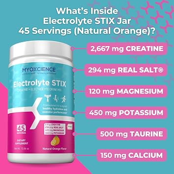 MYOXCIENCE Electrolyte STIX | Creatine Electrolyte Powder | Recovery from Exercise & Muscle Development w/Real Salt (Natural Orange Flavor) (Jar 45 ct)