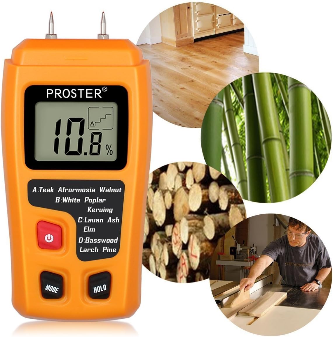 Proster RZMT-10 MD Moisture Meter in use, showing various applications like measuring wood, bamboo, and lumber.