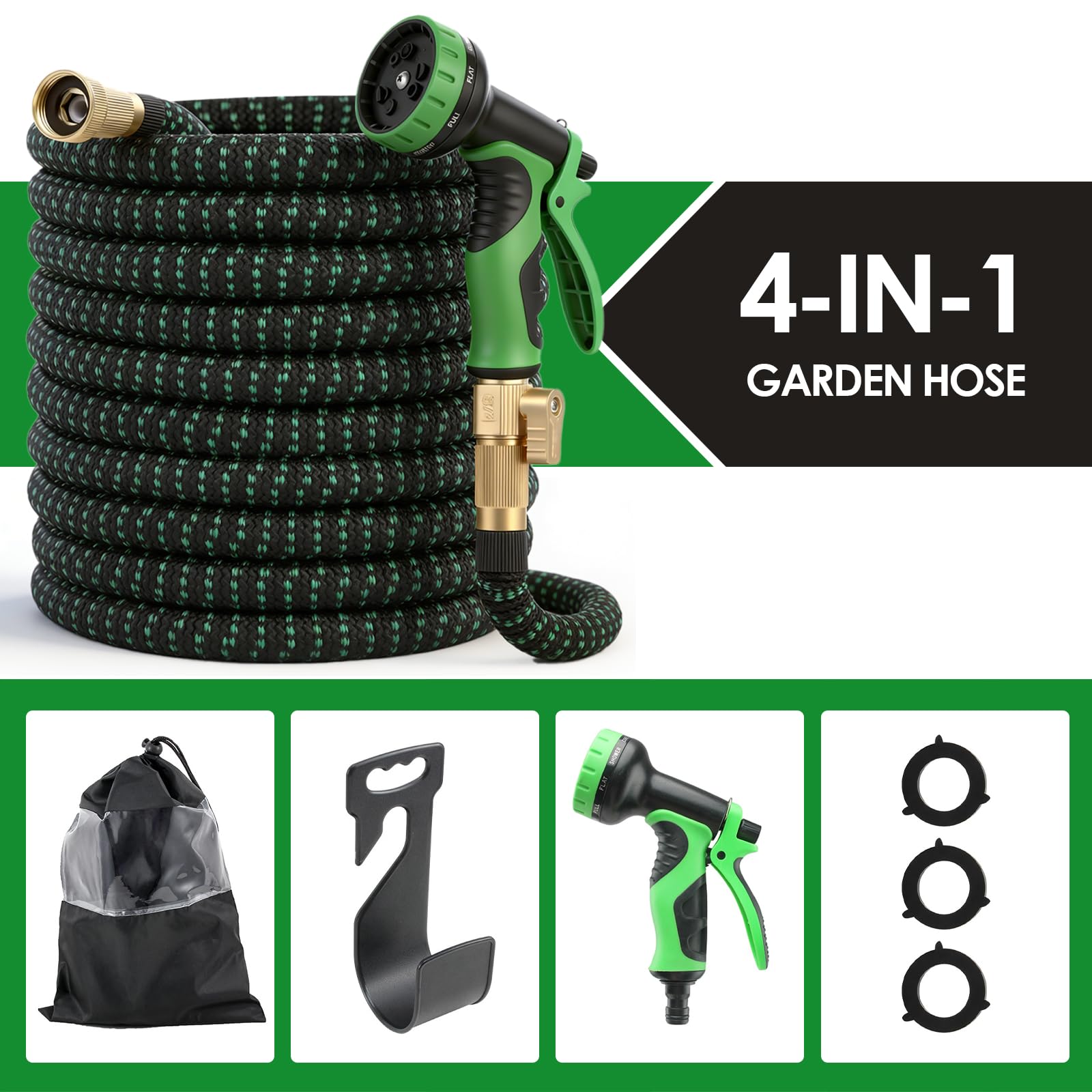 Manguera de Jardín Extensible Flexible de 15m con Pistola Rociadora de 10 Funciones, Conectores de Latón 1/2" y 3/4", Antifugas, Anticorrosión y Alta Presión para Riego, Lavado de Coche y Limpieza
