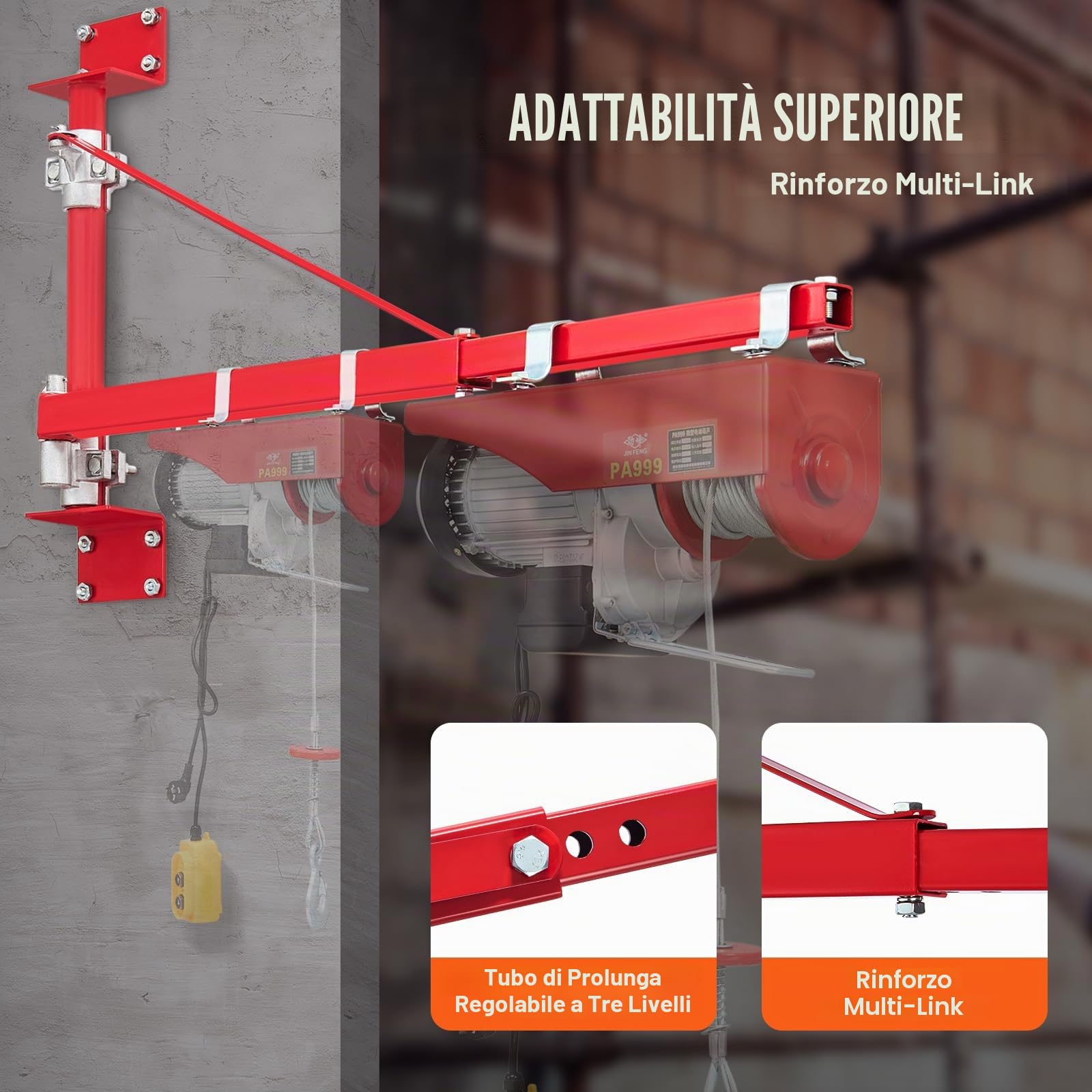 VEVOR Braccio Supporto per Paranco Elettrico, Capacità Carico 600 kg, Braccio di Supporto per Paranco Girevole con Asta, Telaio di Sollevamento in Acciaio a 180° per Officina, Garage