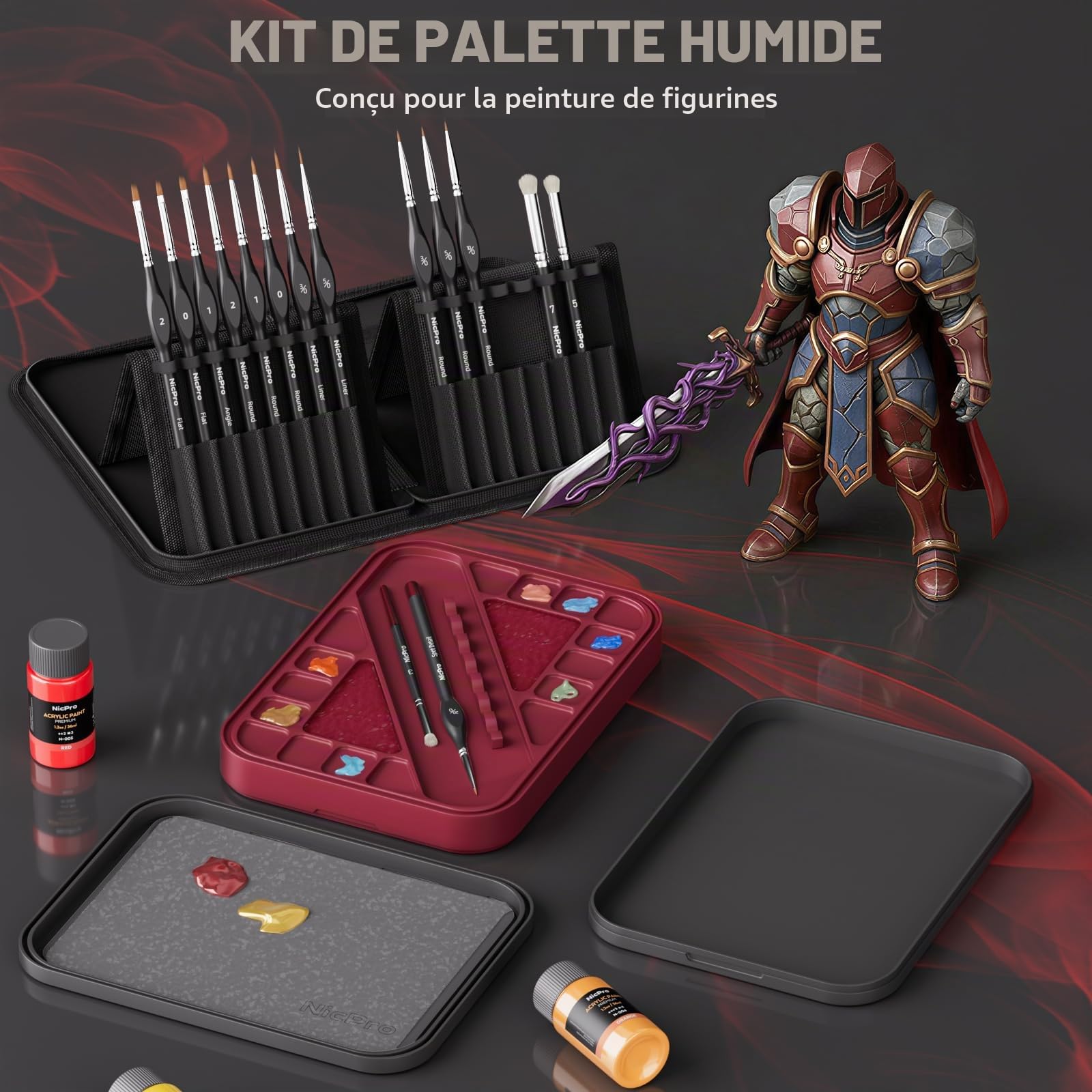 Nicpro Kit de Peinture Miniature Professionnel, Palette Peinture Humide, 16 pinceaux de détail, Pinceau Sec avec Sac en Nylon, 100 Feuilles de Papier, 4 éponges et Palette de mélange pour maquettes