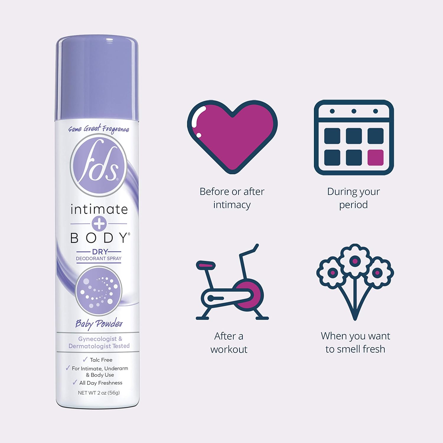 FDS Intimate Deodorant Spray, Baby Powder, 2 oz (Pack of 3) Feminine Spray for All Day Freshness & Odor Protection; pH-balanced, Talc-Free, Gynecologist Tested : Health & Household