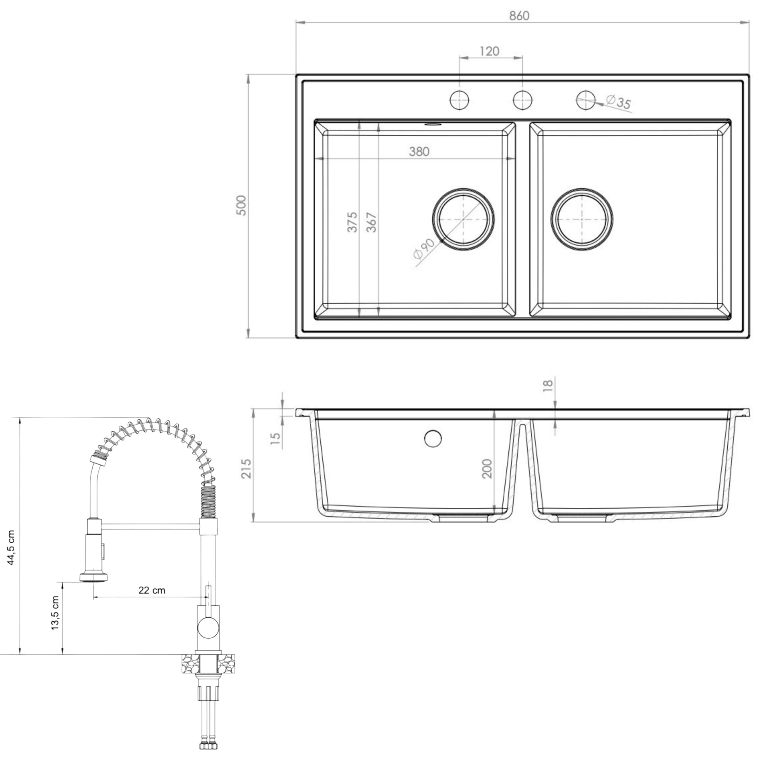 SINK QUALITY podwójny zlew szary z armaturą, zlewozmywak granitowy podwójny 86 x 50 cm, podwójny zlew z syfonem i substancją impregnującą, 2 umywalki zlewozmywak kuchenny od szafki pod umywalkę 85
