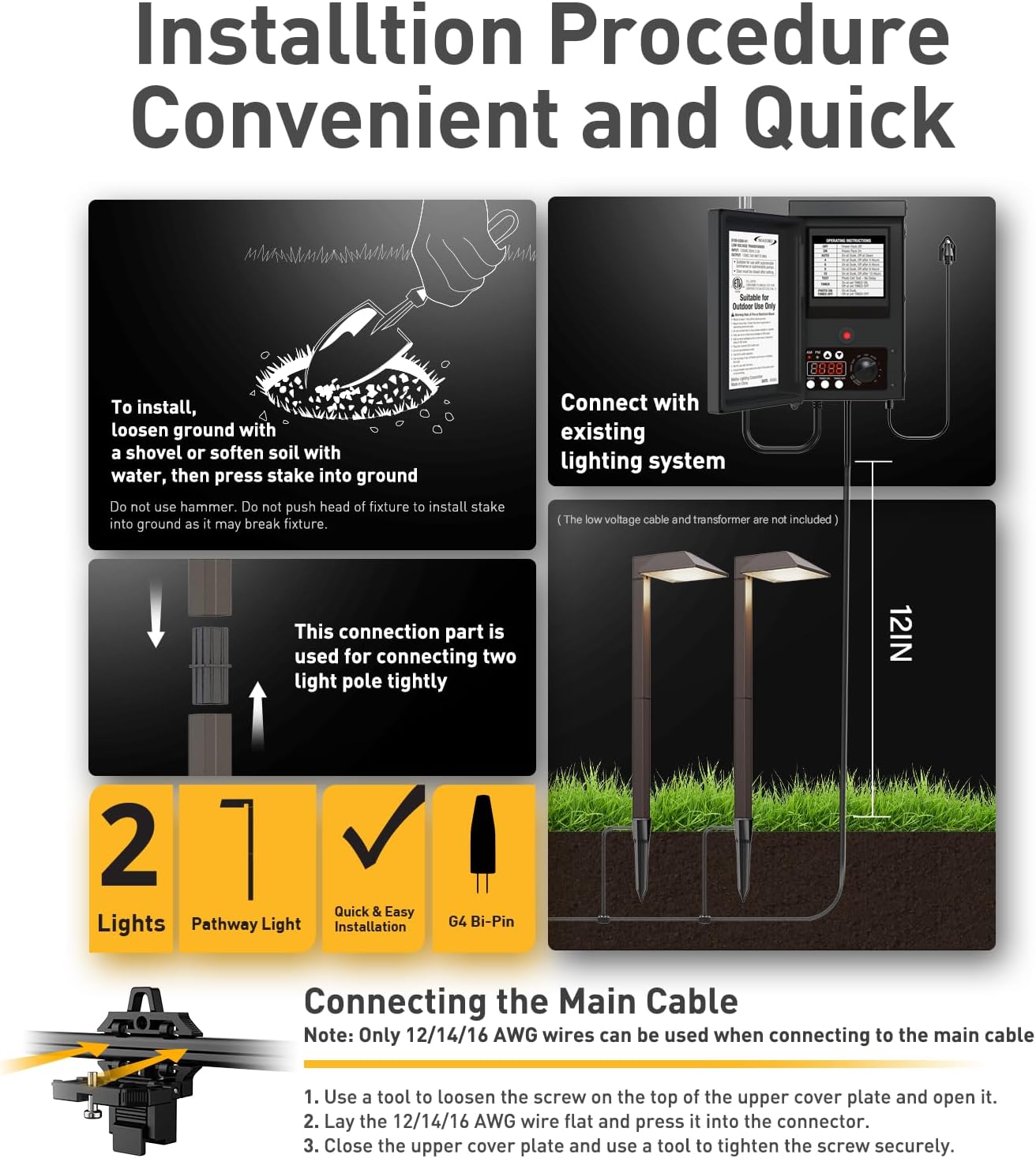GOLDEN STAR Low Voltage Pathway Lights 1.2W Replaceable G4 LED 2PK Outdoor Landscape Lighting 40 Lumen Warm White Waterproof Garden Lights for Walkway Yard, Lawn Driveway with Easy Install Connectors