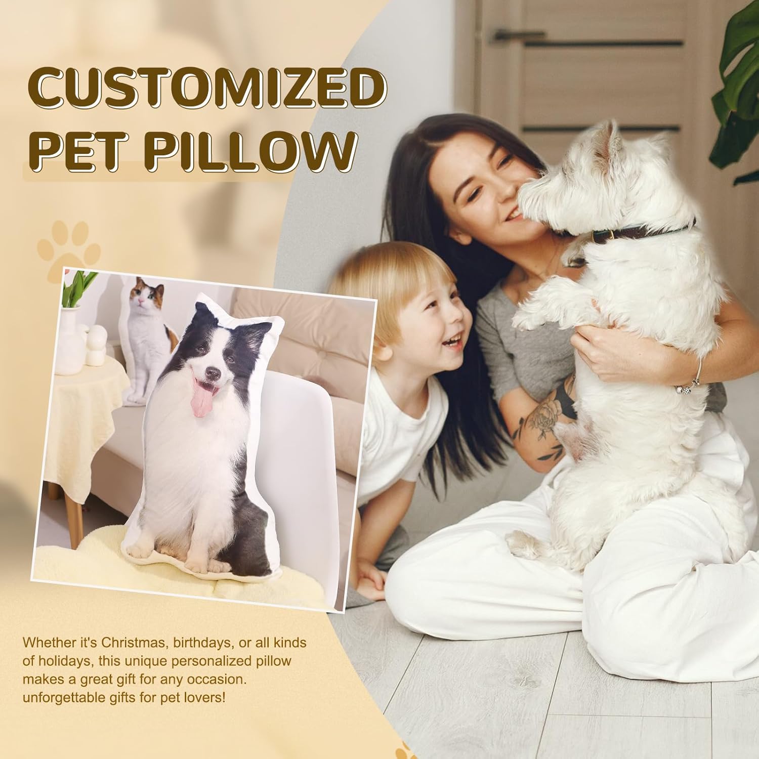 Custom Dog Pillow Personalized Photo Cat Pillow Custom Pet Pillows with Picture Customized Gift for Men Women (24 inches)