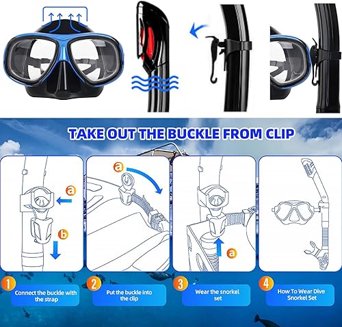 Miniatura 6 de Equipo de esnórquel para adultos y jóvenes, juego profesional de esnórquel de silicona con parte superior seca completa, máscara de buceo antivaho