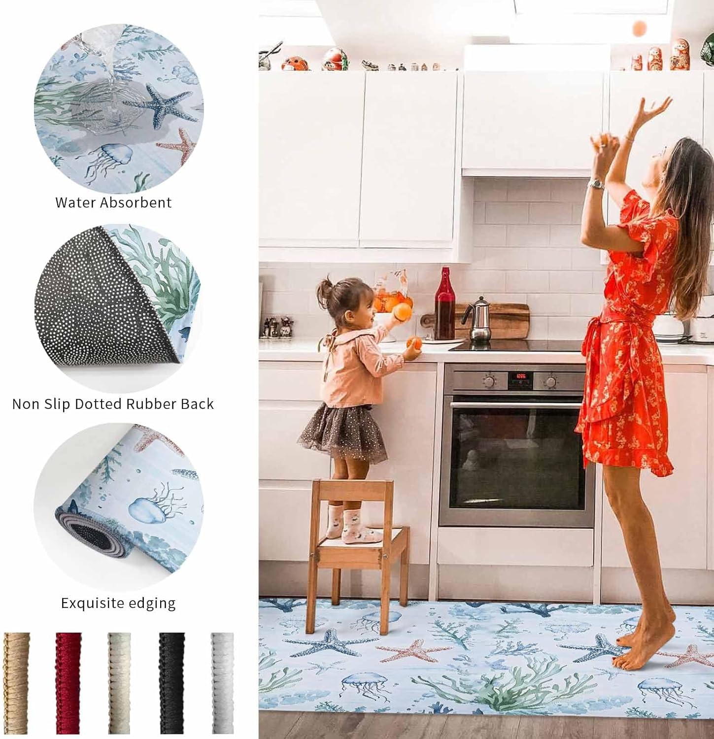 2 Pieces Kitchen Rugs and Mats,Summer Ocean Starfish Jellyfish Coral Area Runner Rug Set Non Slip Floor Doormat Washable Carpet Standing Mat for Kitchen Sink Indoor Corridor,Coastal Marine Creature