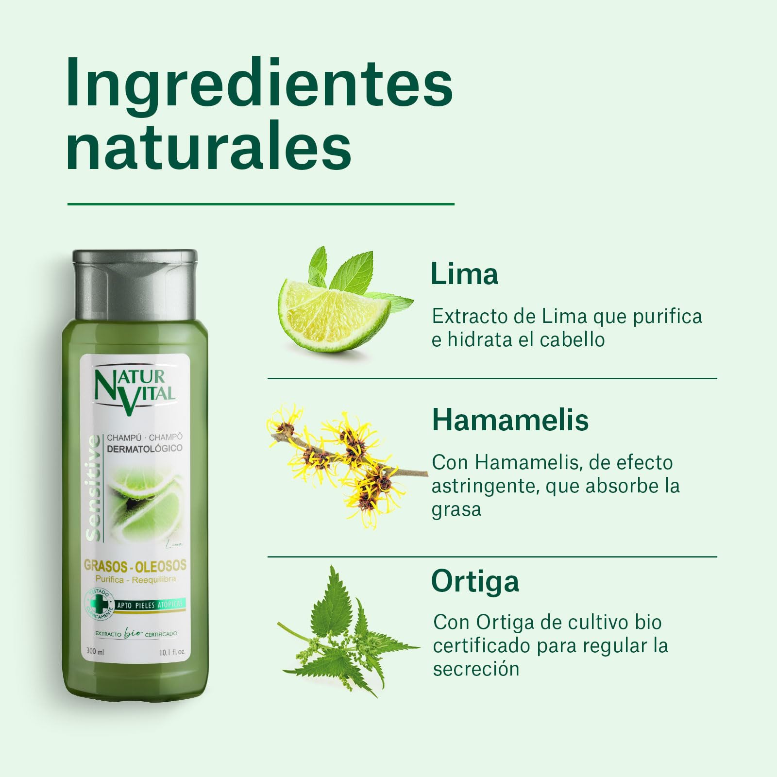 NaturVital - Champú Sensitive, Sin Parabenos ni Siliconas, Champú Natural para Pelo Graso, Dermatológico para Piel Atópica y Cuero Cabelludo Sensible, 300ml