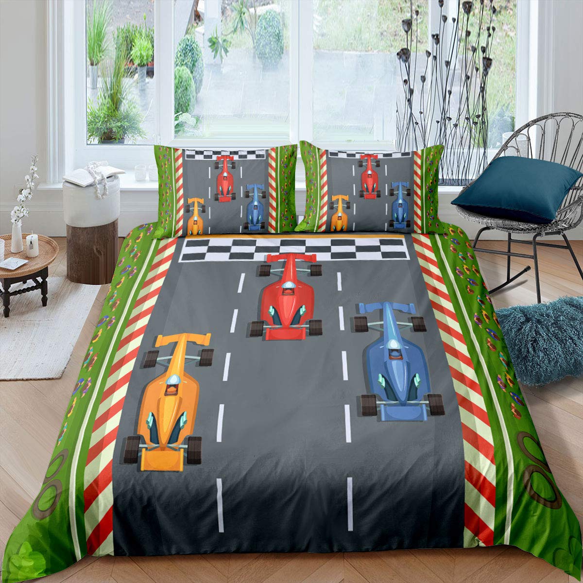 Funda de edredón Coche de Carreras Deportivo niños niños,Juego de Ropa de Cama de Dibujos Animados,Juguete Colorido,de Coches de Carreras,Suave Colcha Lazos de Cremallera,Individual