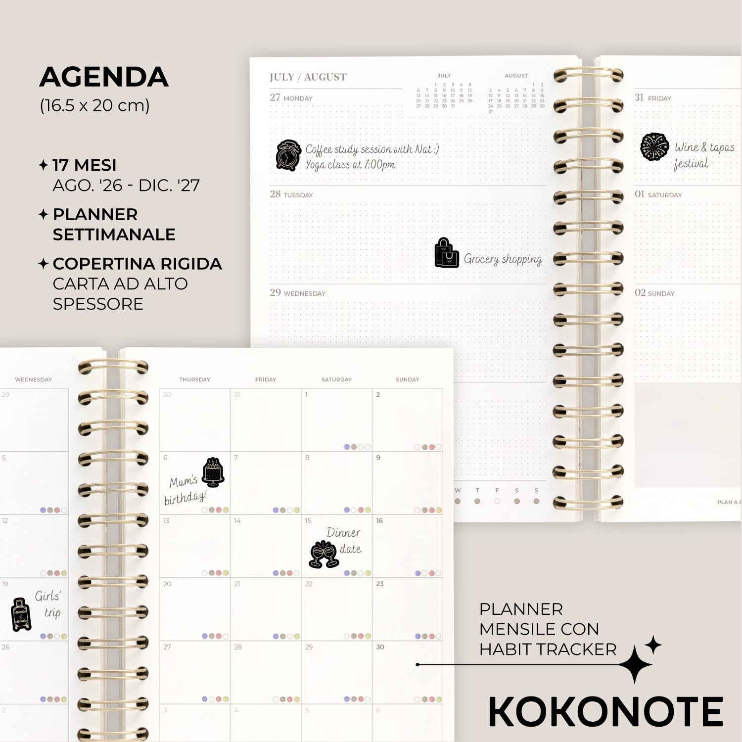 Kokonote Agenda Settimanale 2026 2027 Monet - Diario Scuola 2026-2027 per Università e Scuola Superiore | Weekly Planner con Copertina Rigida, Segnalibri, Stickers e Illustrazioni | 17 Mesi