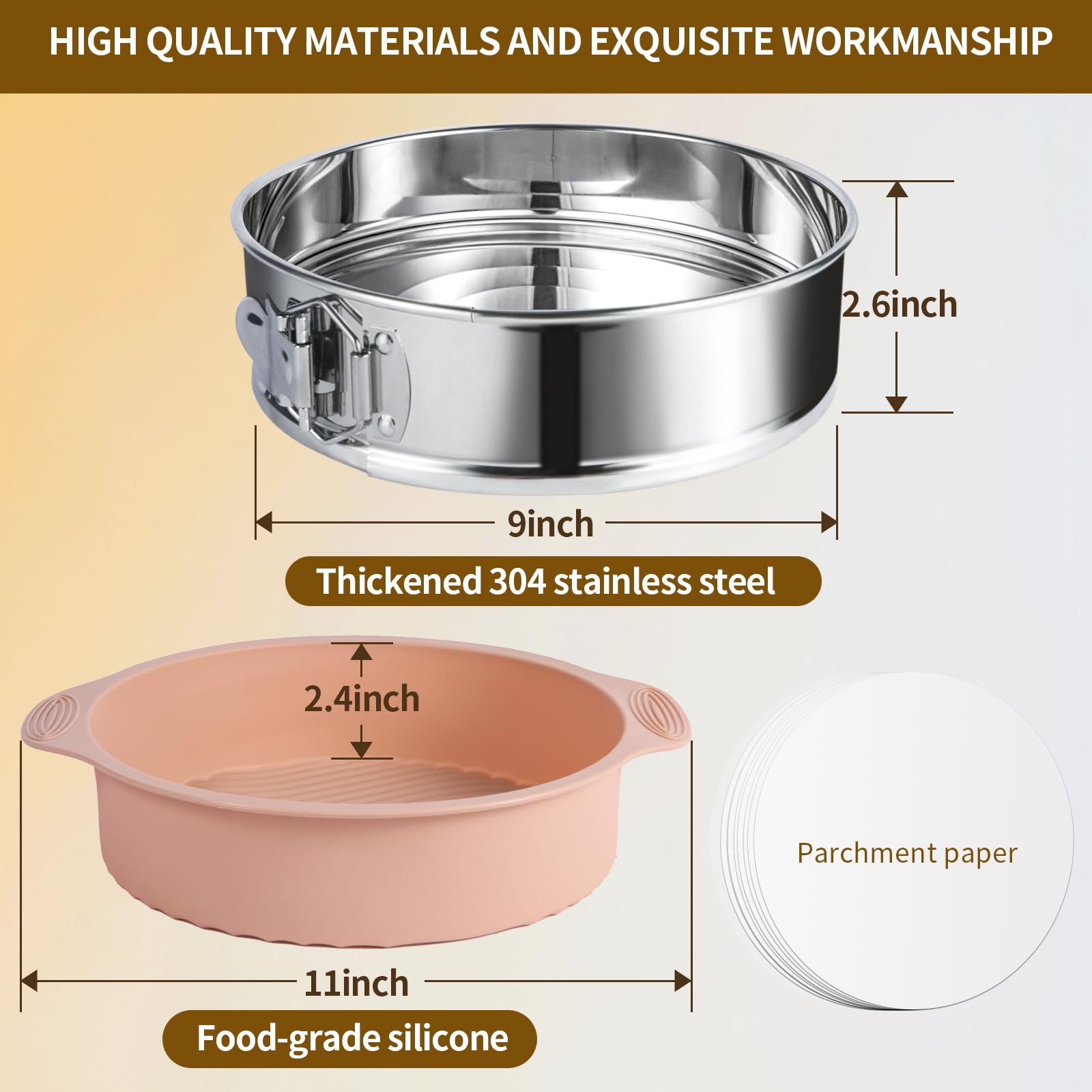 OYAOL 9 Inch Springform Pan - Nonstick Leakproof 304 Stainless Steel Springform Cake Pan with Removable Bottom, Silicone Cheesecake Pan Protector with Parchment Paper - Image 4