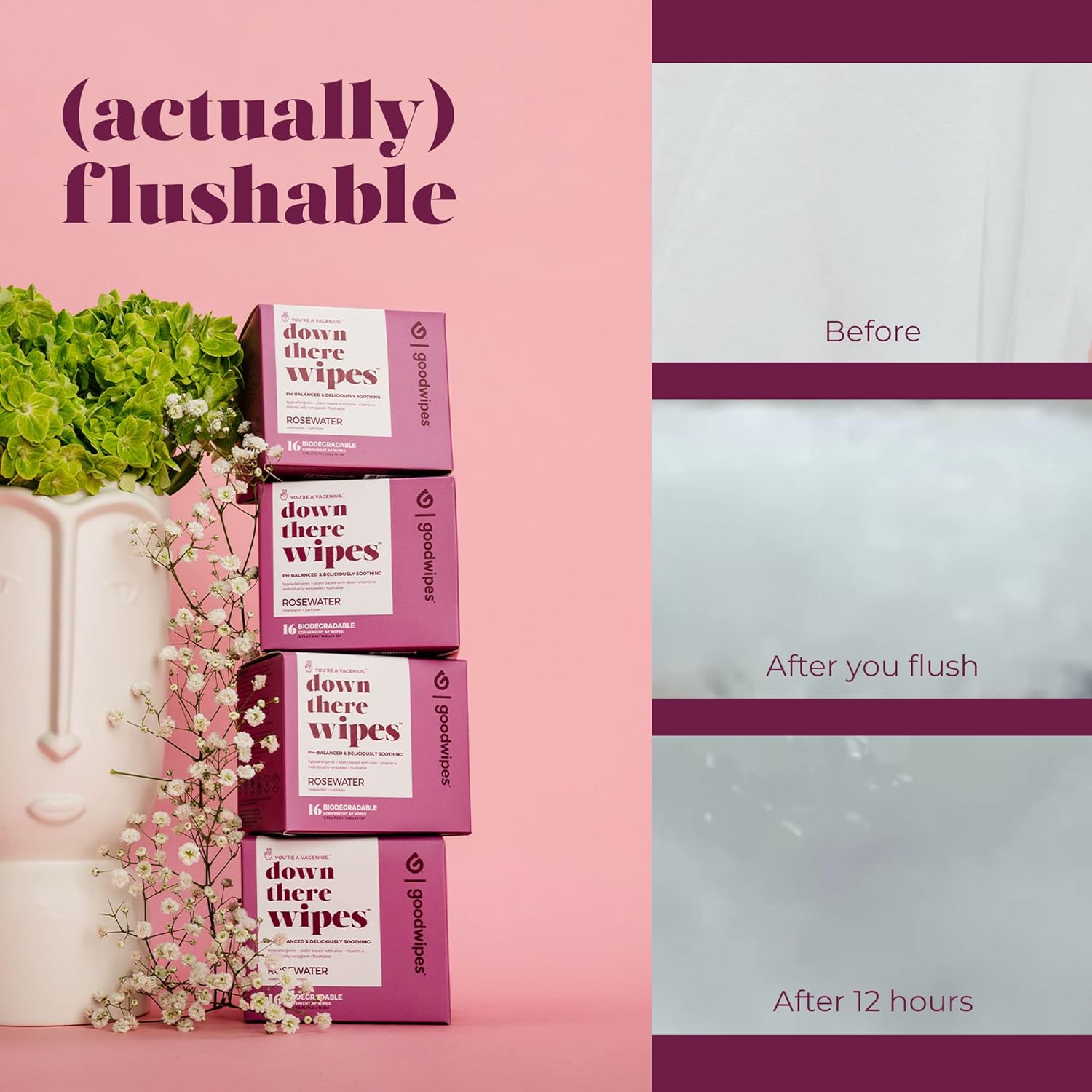 Goodwipes Down There Feminine Hygiene Wipes, Rosewater Scent, Individually Wrapped, Perfect for Travel, Flushable, PH Balanced and Hypoallergenic, 64 Individually Wrapped (4 Packs of 16) : Health & Household