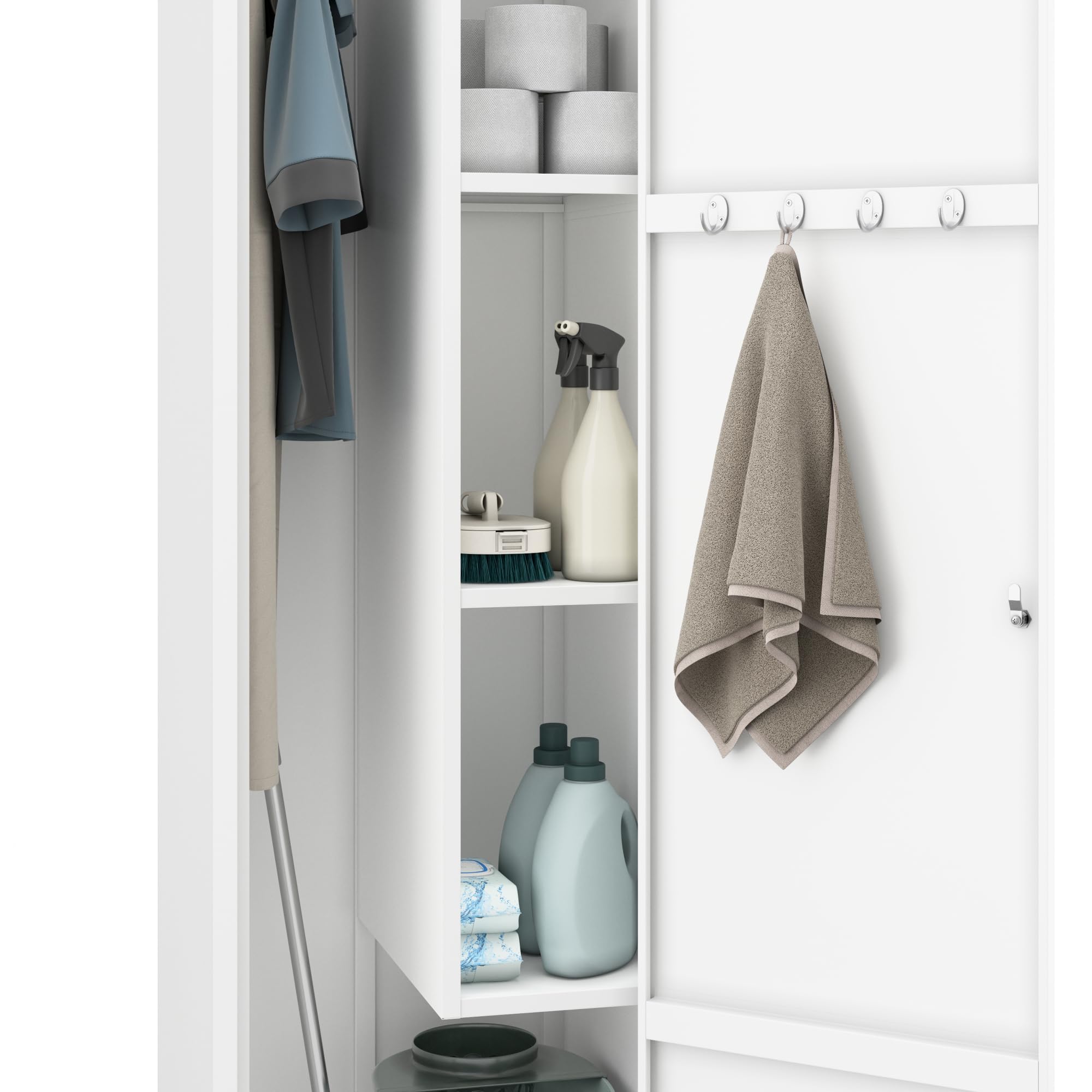 Jan Nowak Besenschrank Haushaltsschrank Metall - Agnes | 50 x 185 x 50 cm | Mehrzweckschrank Weiß mit Regale und Kleiderstange | Schloss, Belüftung | Putzschrank Schmal 50 cm Breit | Weiß