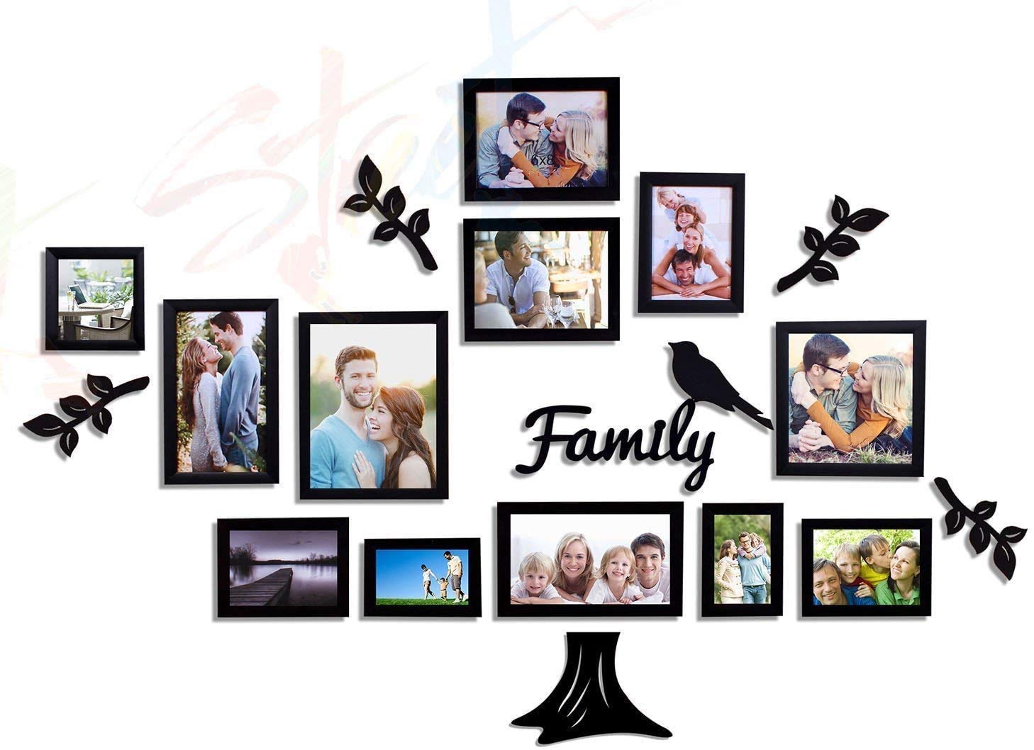 Art Street - Family Tree Photo Frame Set of 12 Family Picture Frame with MDF Plaque - (4 Leaf,1 Trunk,1 Family and 1 Bird)