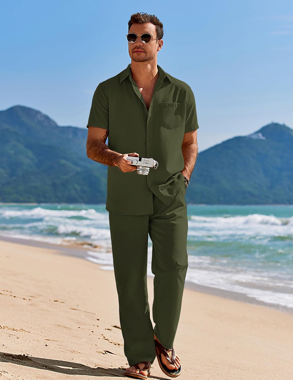 COOFANDY Mens 2 Piece Casual Beach Outfits Short Sleeve Button Down Shirts Summer Loose Pant Sets Vacation Walking Outfits - Image 2